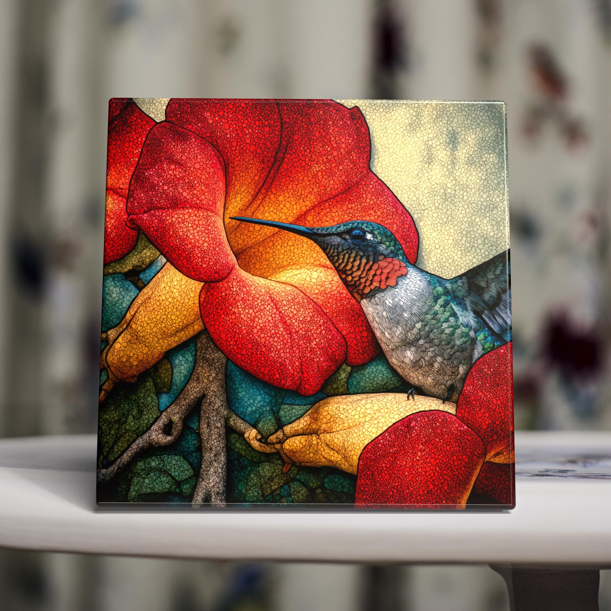 Hummingbird & Trumpet Vine – Vivid Floral Bird Tile Wall Decor