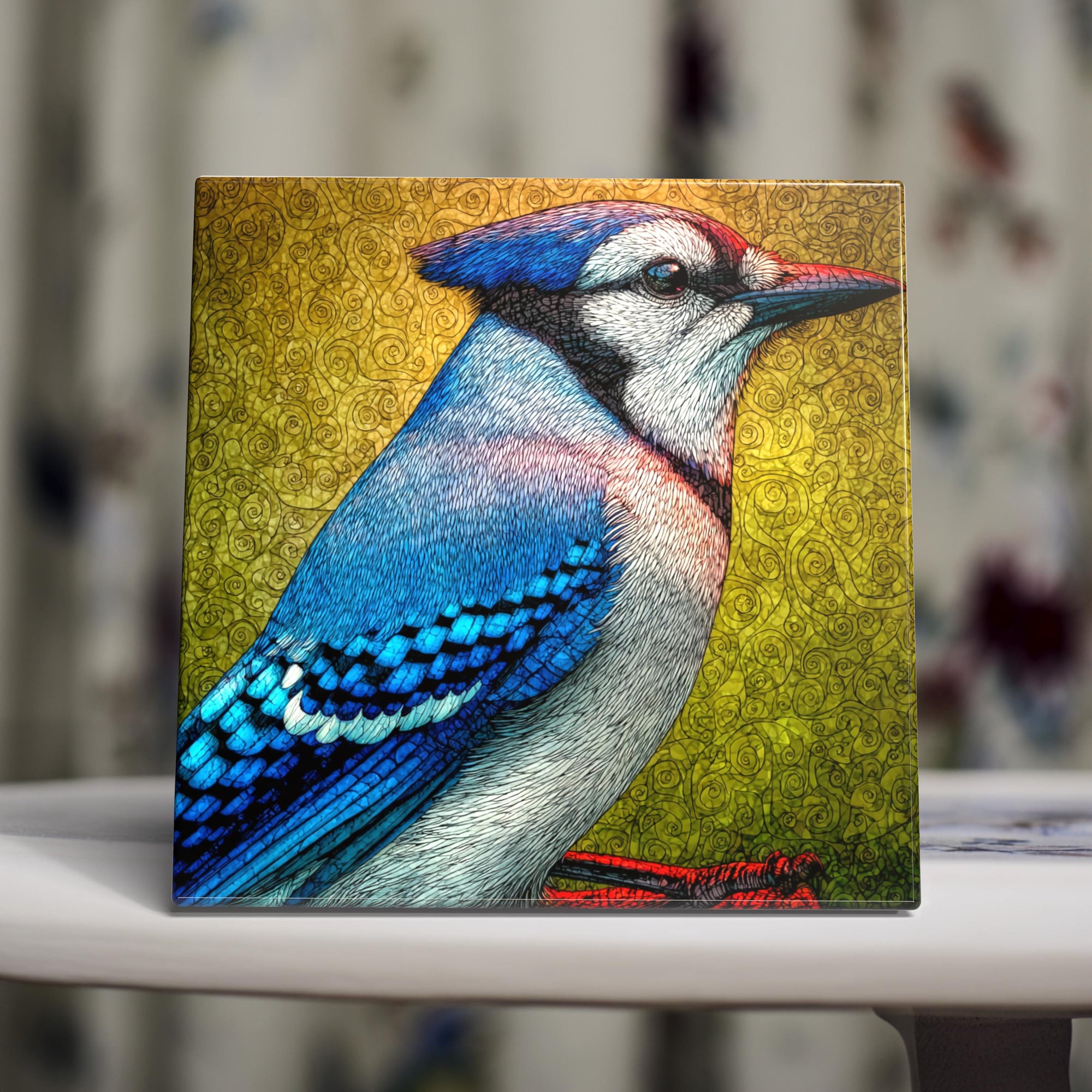 Bright Blue Jay on Branch – Nature-Inspired Porcelain Bird Tile