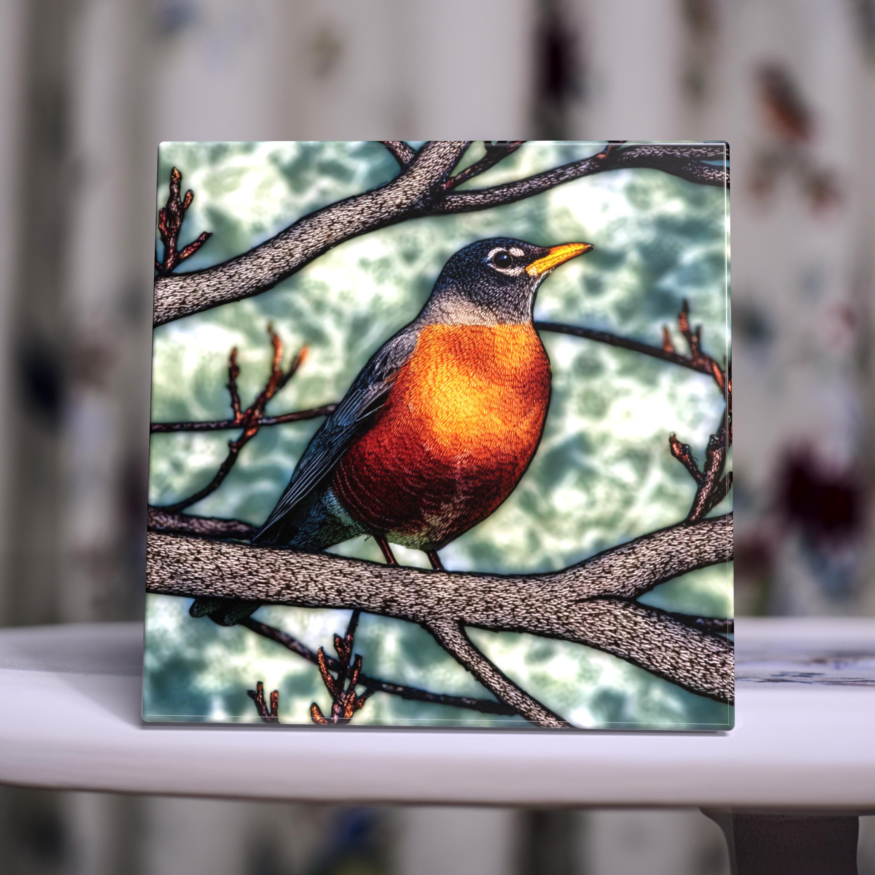 American Robin in Spring – Handcrafted Tile for Bird & Garden