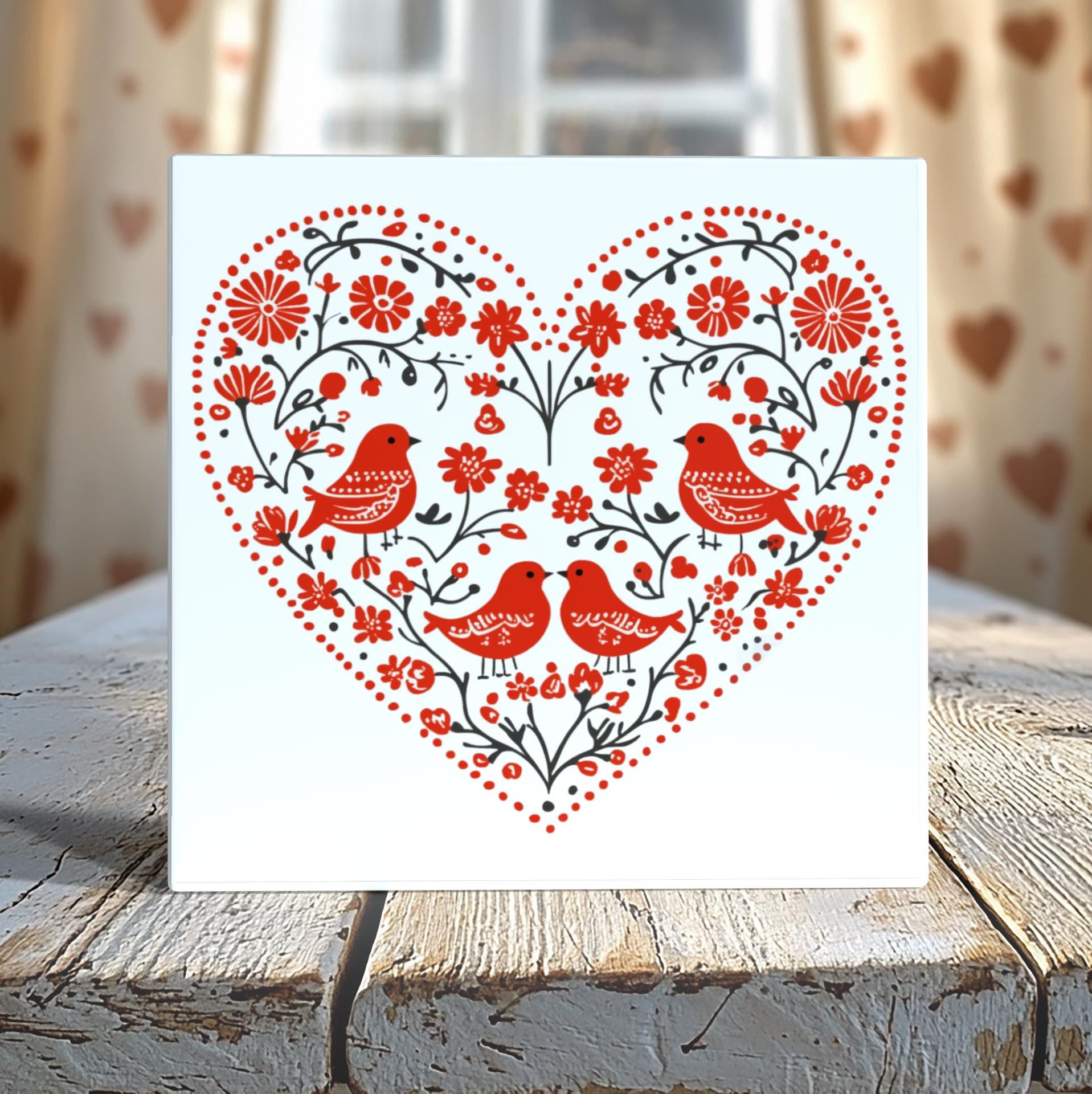 Folk Art Heart with Red Birds Tile - 4-Inch or 6-Inch | Peeping
