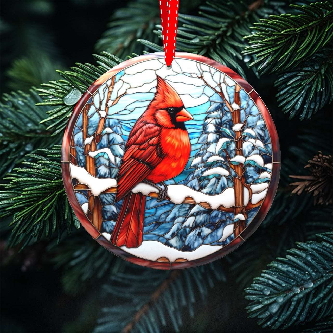 Peeping Tom's Cottage Avian Elegance - Winter Birds of North America Collection of Stained Glass styled Porcelain Ornaments for Festive Decor