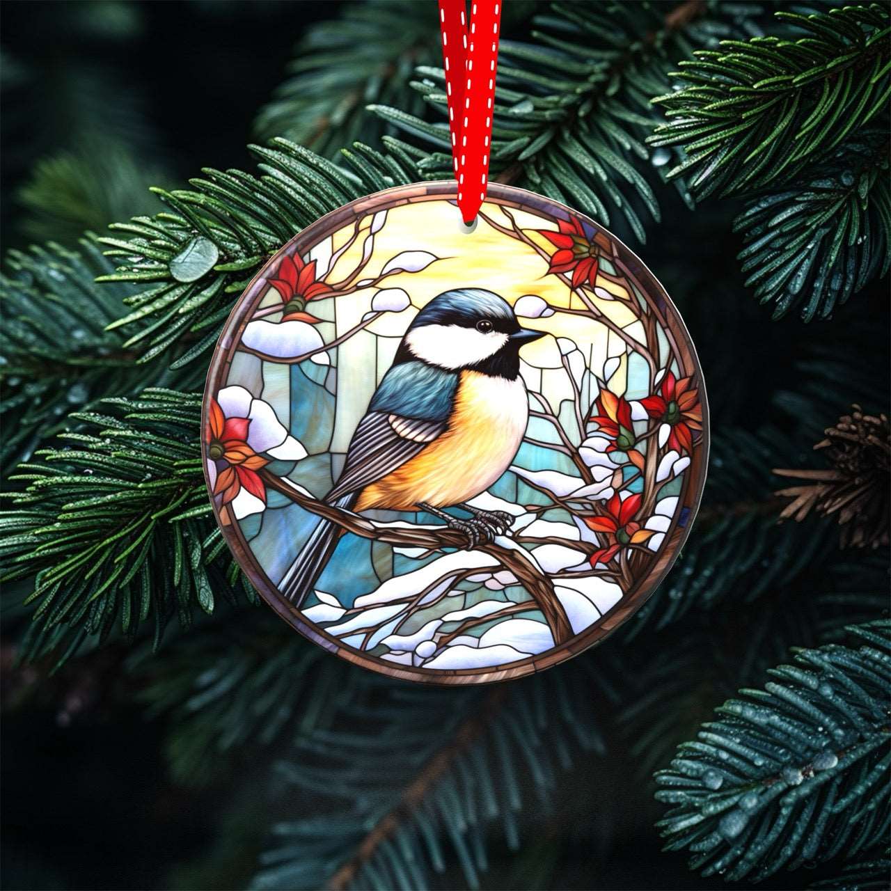 Peeping Tom's Cottage Avian Elegance - Winter Birds of North America Collection of Stained Glass styled Porcelain Ornaments for Festive Decor