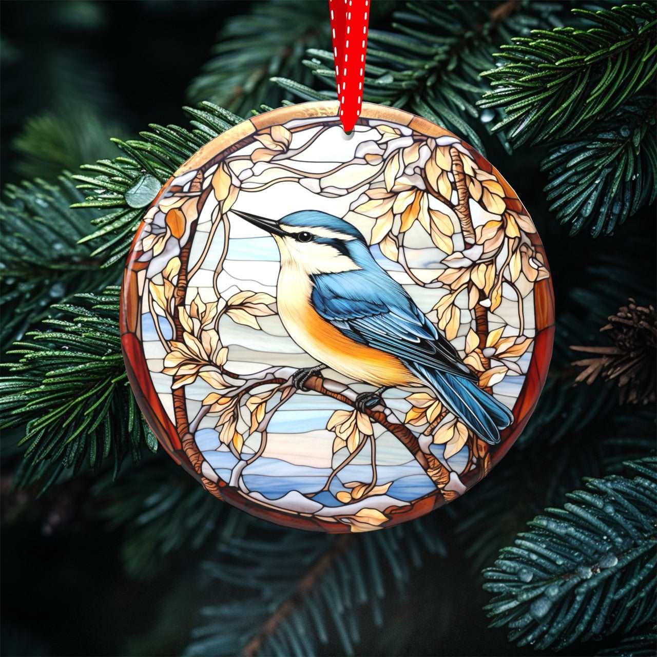Peeping Tom's Cottage Avian Elegance - Winter Birds of North America Collection of Stained Glass styled Porcelain Ornaments for Festive Decor