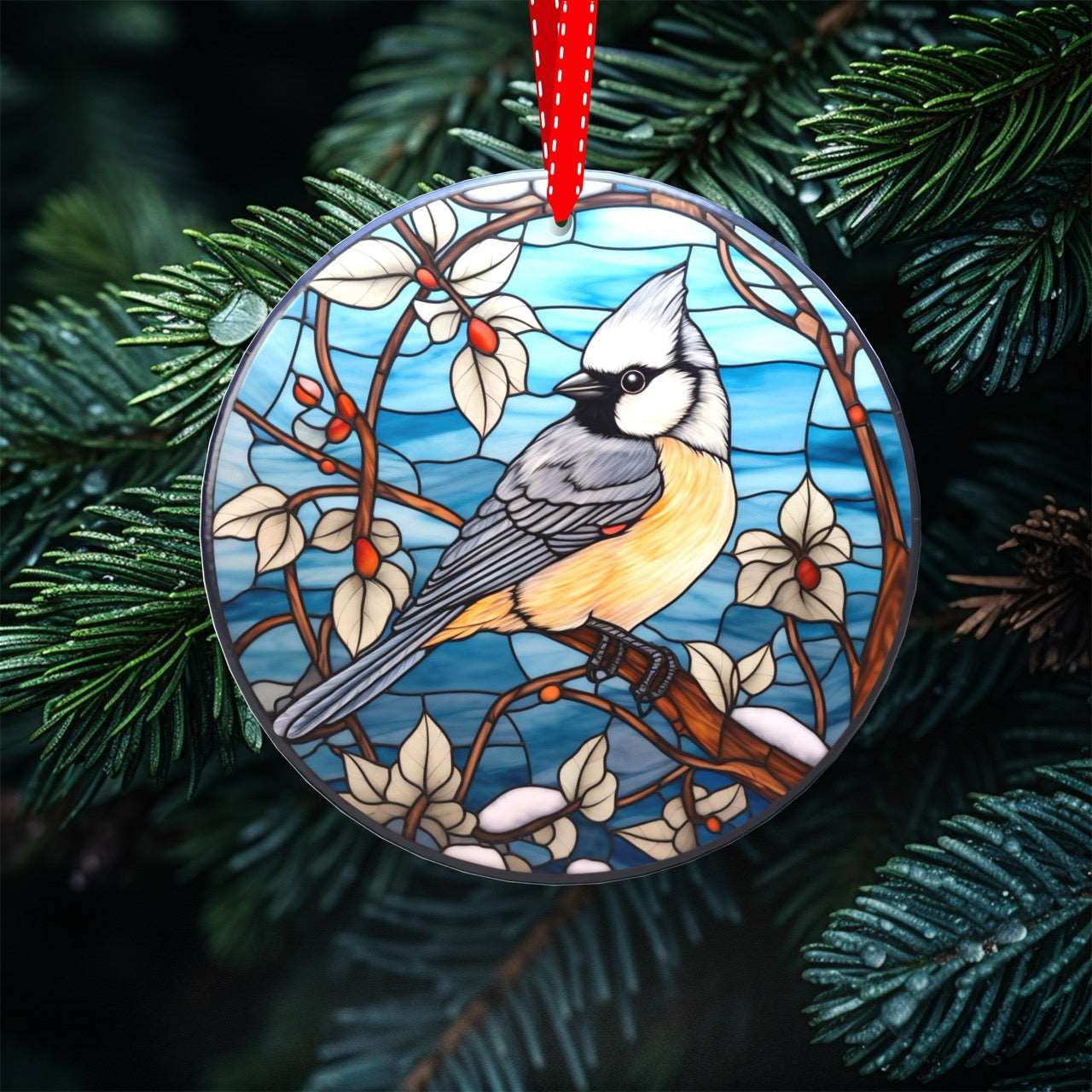 Peeping Tom's Cottage Avian Elegance - Winter Birds of North America Collection of Stained Glass styled Porcelain Ornaments for Festive Decor