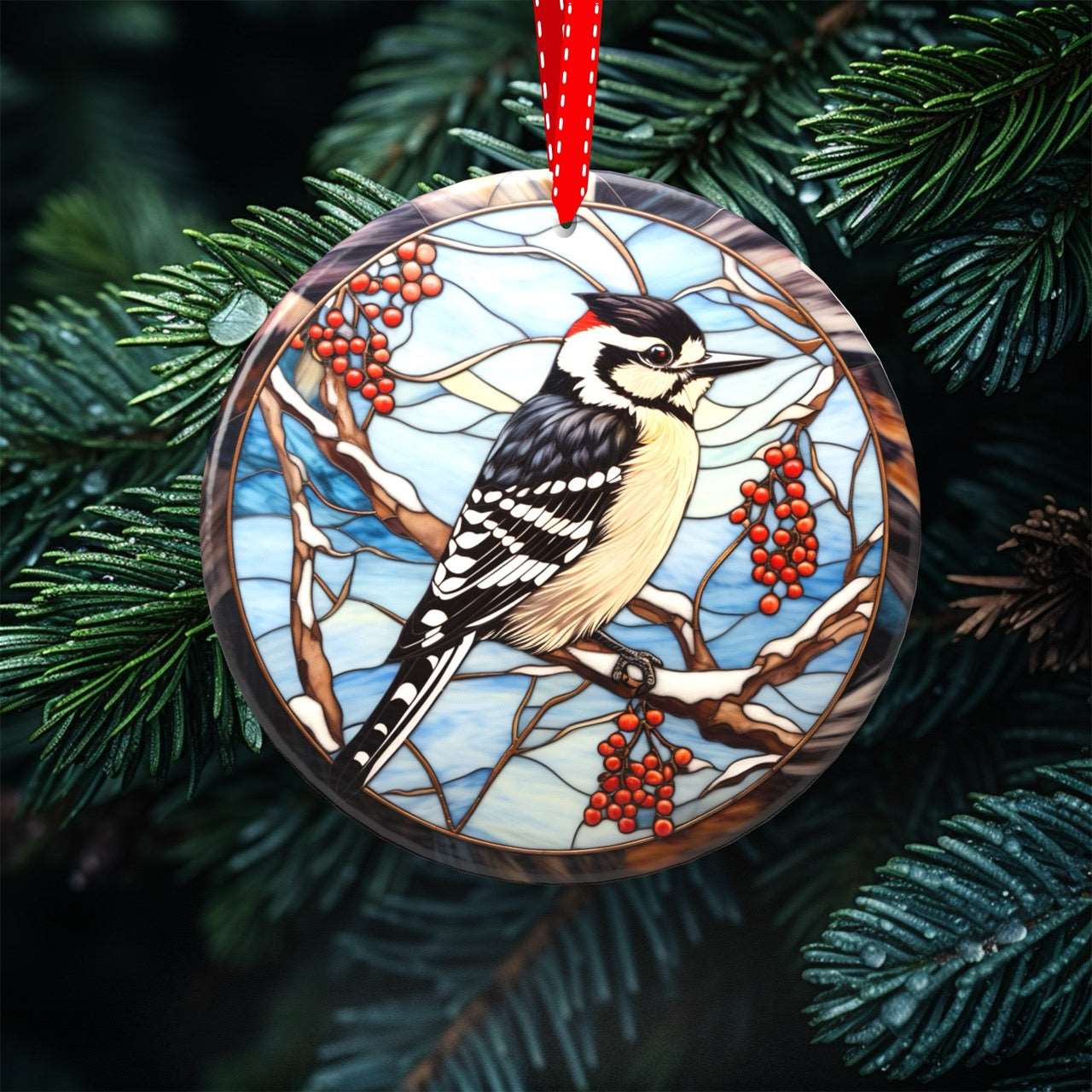 Peeping Tom's Cottage Avian Elegance - Winter Birds of North America Collection of Stained Glass styled Porcelain Ornaments for Festive Decor