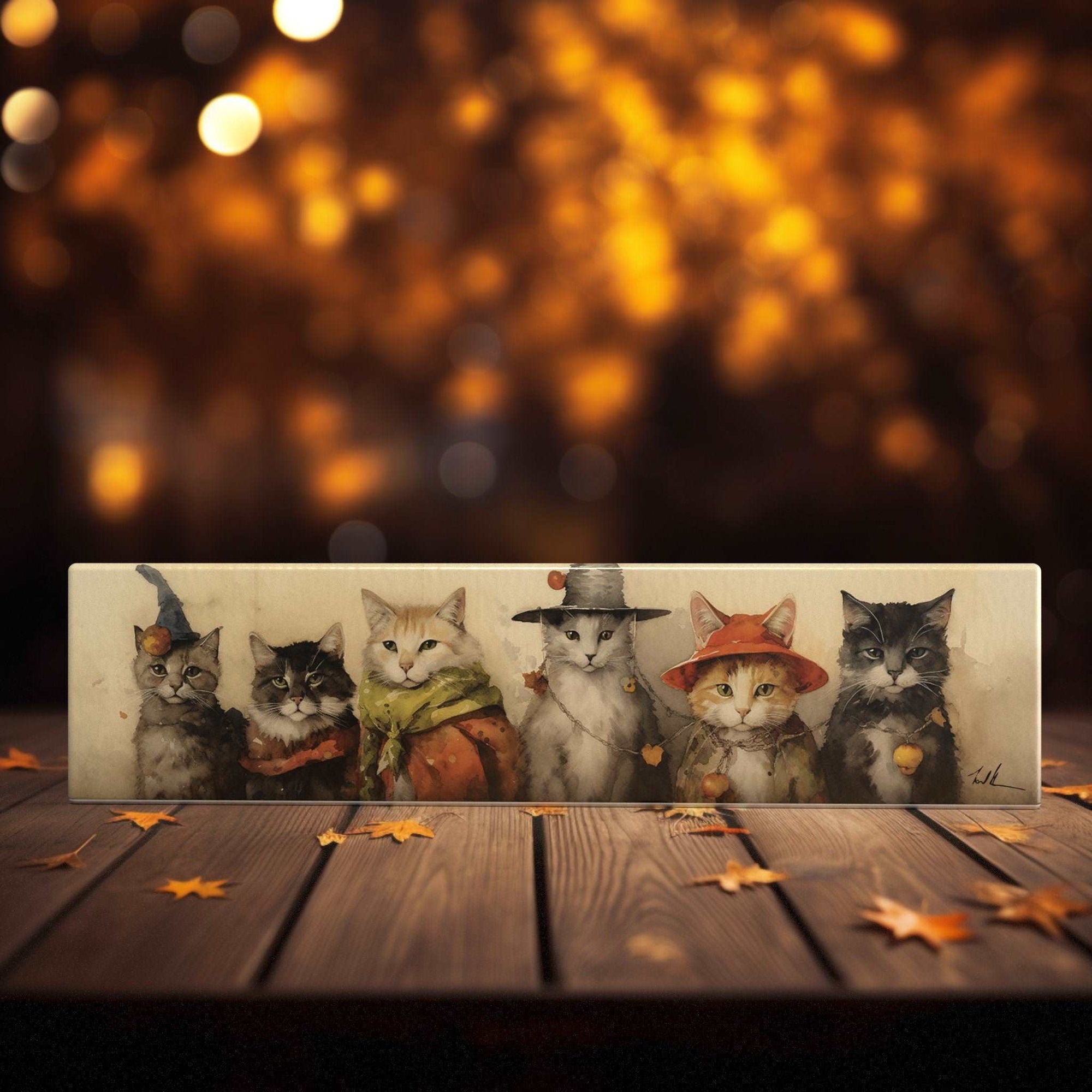 Peeping Tom's Cottage Custom Printed Tile 16 x 4 inches Enchanted Halloween Cats Watercolor Art Panorama - Festive Tile Decor