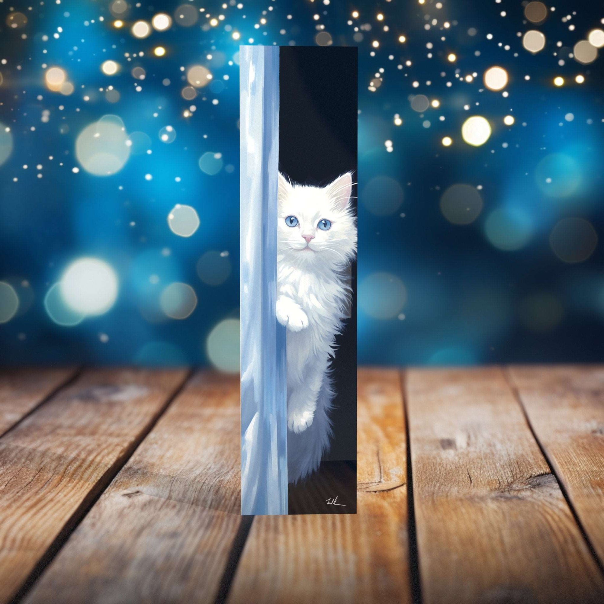 Peeping Tom's Cottage Custom Printed Tile 4 x 16 inch Mystical Feline Peek Art Tile - Sleek White Cat with Captivating Blue Eyes for Enchanting Home Decor