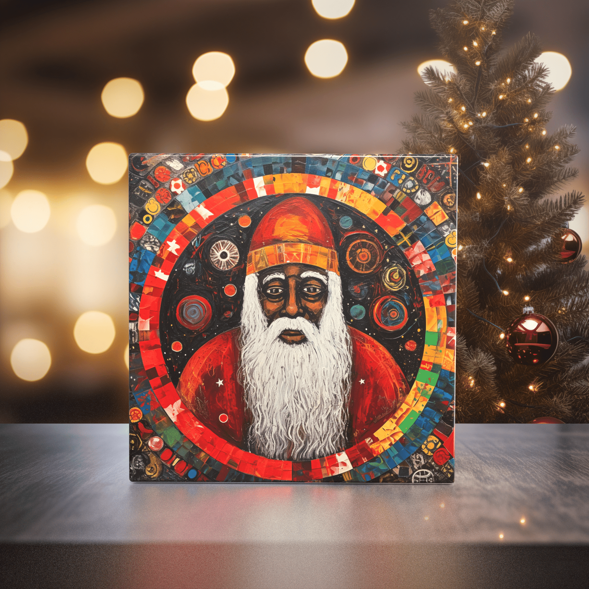 Peeping Tom's Cottage Custom Printed Tile Africa Inspired Santa: Handcrafted Artistic Tile - Unique Kwanza Decor Accent