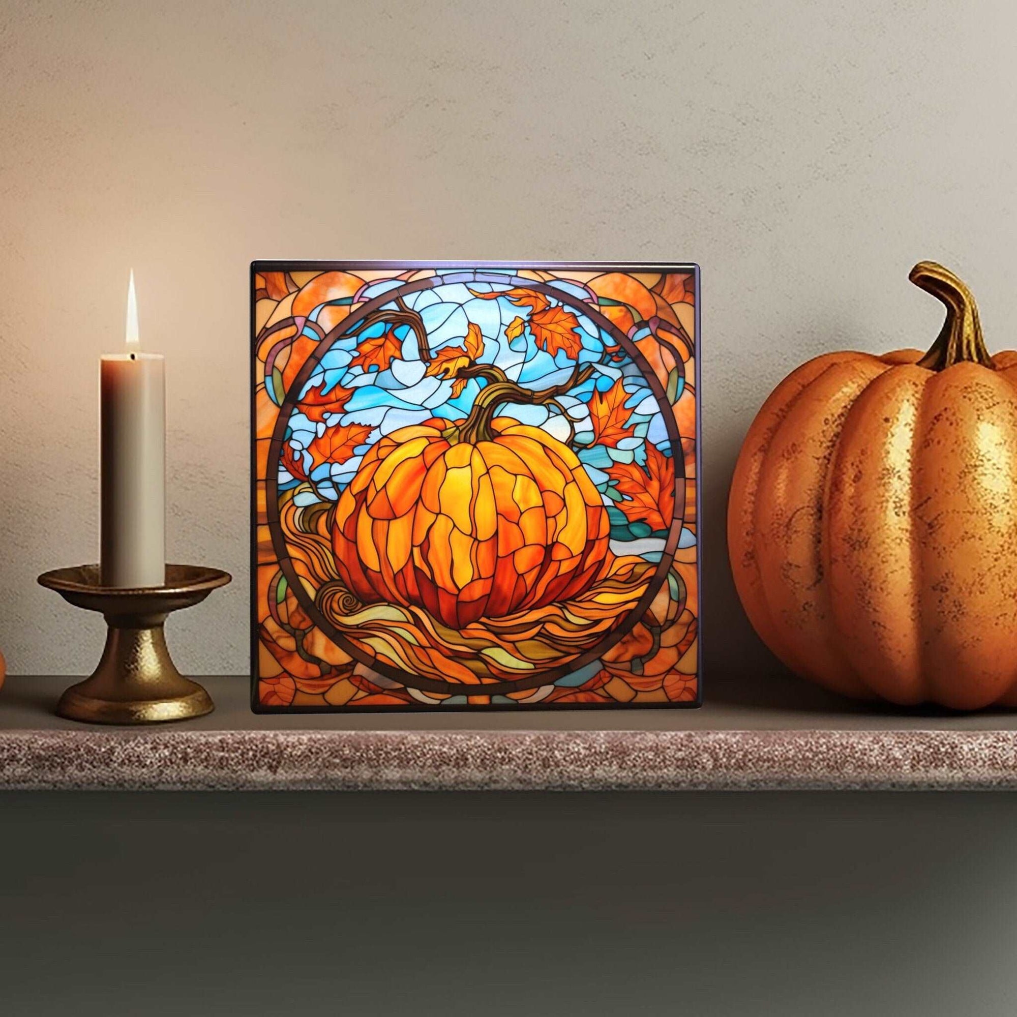 Peeping Tom's Cottage Custom Printed Tile Autumn Splendor Stained Glass Pumpkin Tile: Handcrafted Decorative Art for Home and Fall Celebrations
