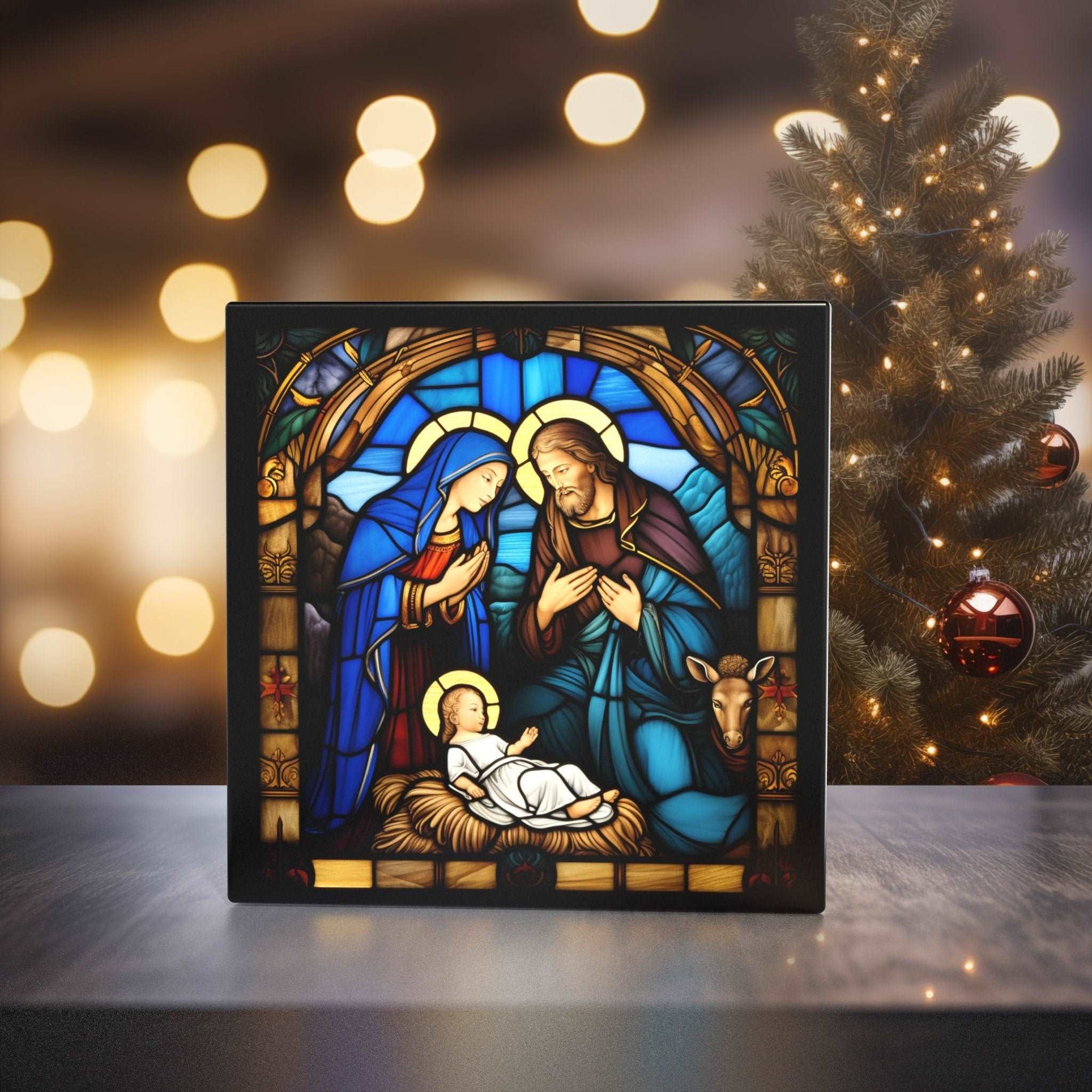 Peeping Tom's Cottage Custom Printed Tile Divine Nativity Scene - Stained Glass Style Art Tile for Spiritual Home Decor