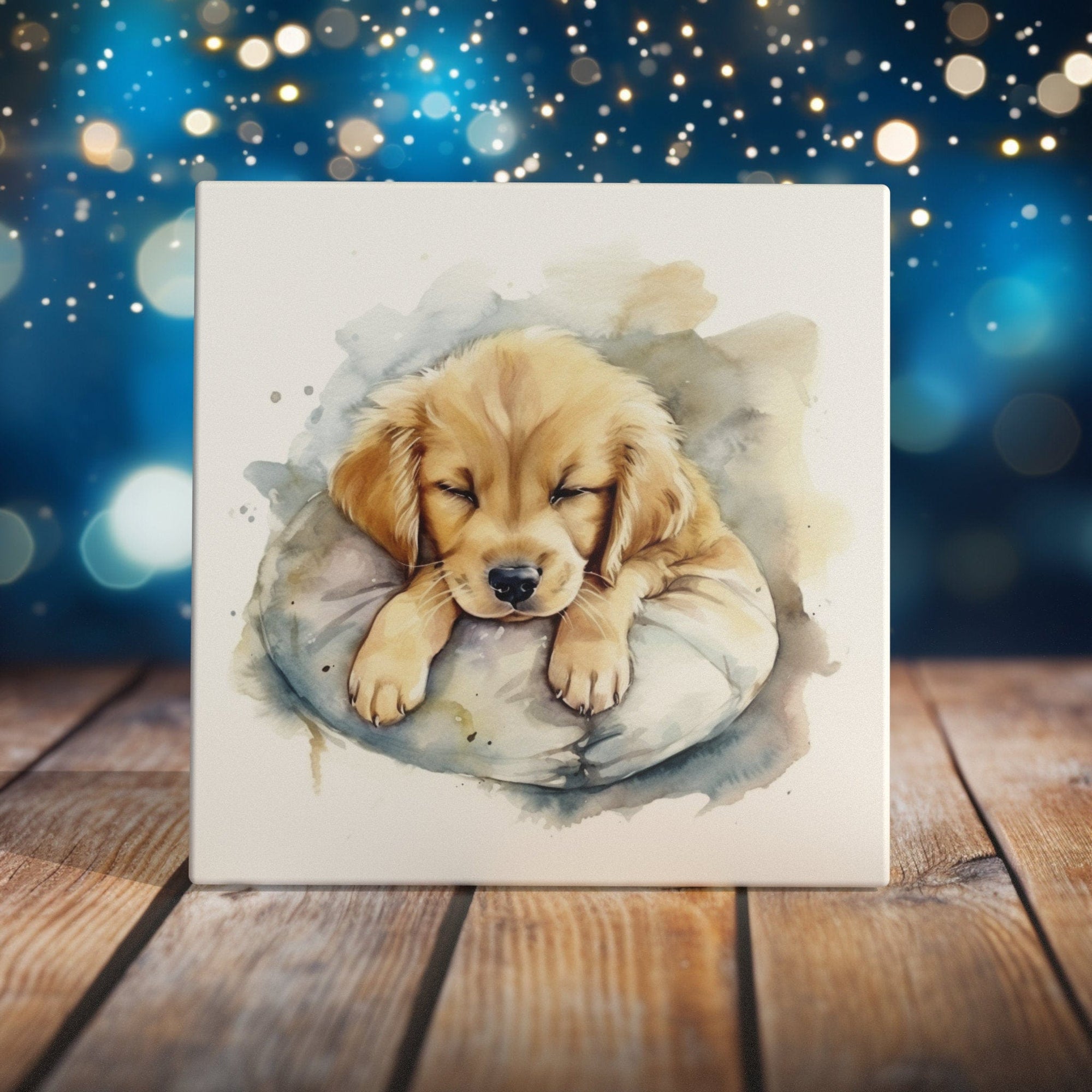 Peeping Tom's Cottage Custom Printed Tile Dreamy Pup Slumber - Watercolor Sleeping Puppy on Pillow Ceramic Tile for Charming Home Decor
