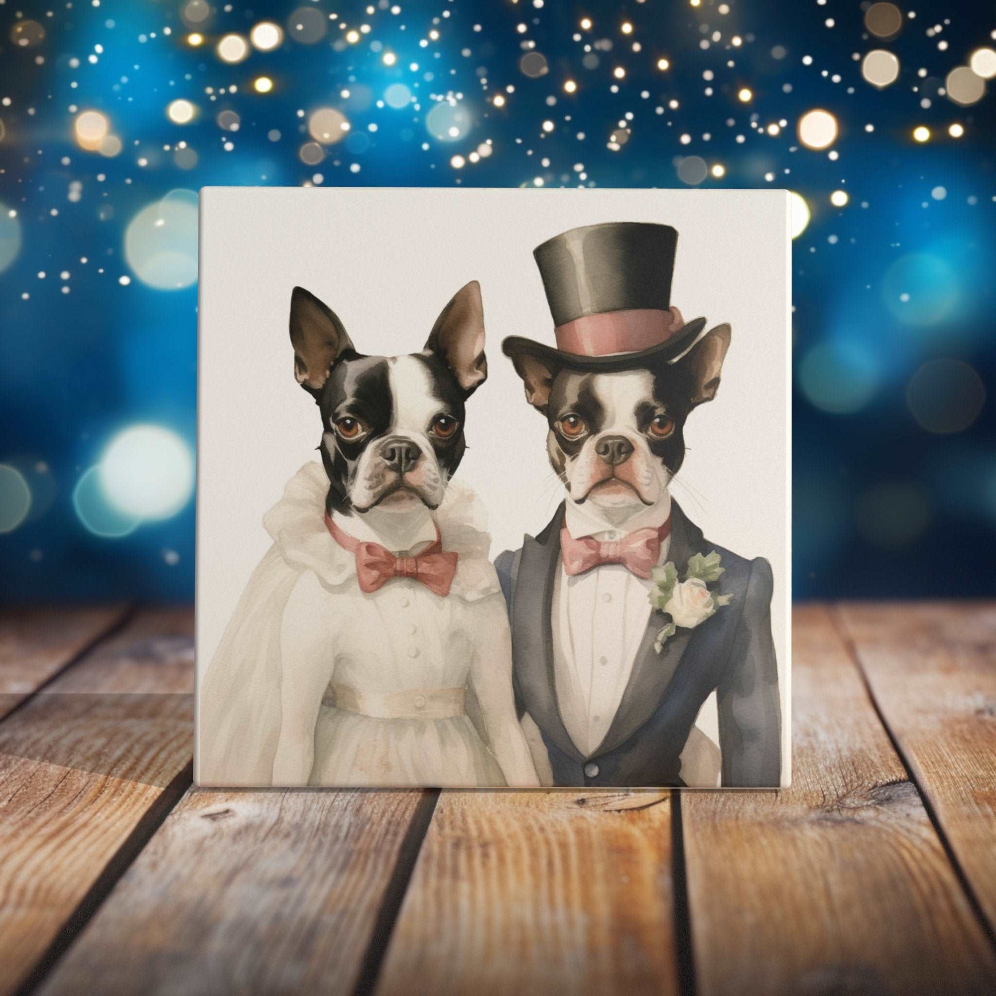 Peeping Tom's Cottage Custom Printed Tile Elegant Boston Terrier Wedding Art Tile - Hand-Crafted Canine Couple Home Decor for Animal Lovers