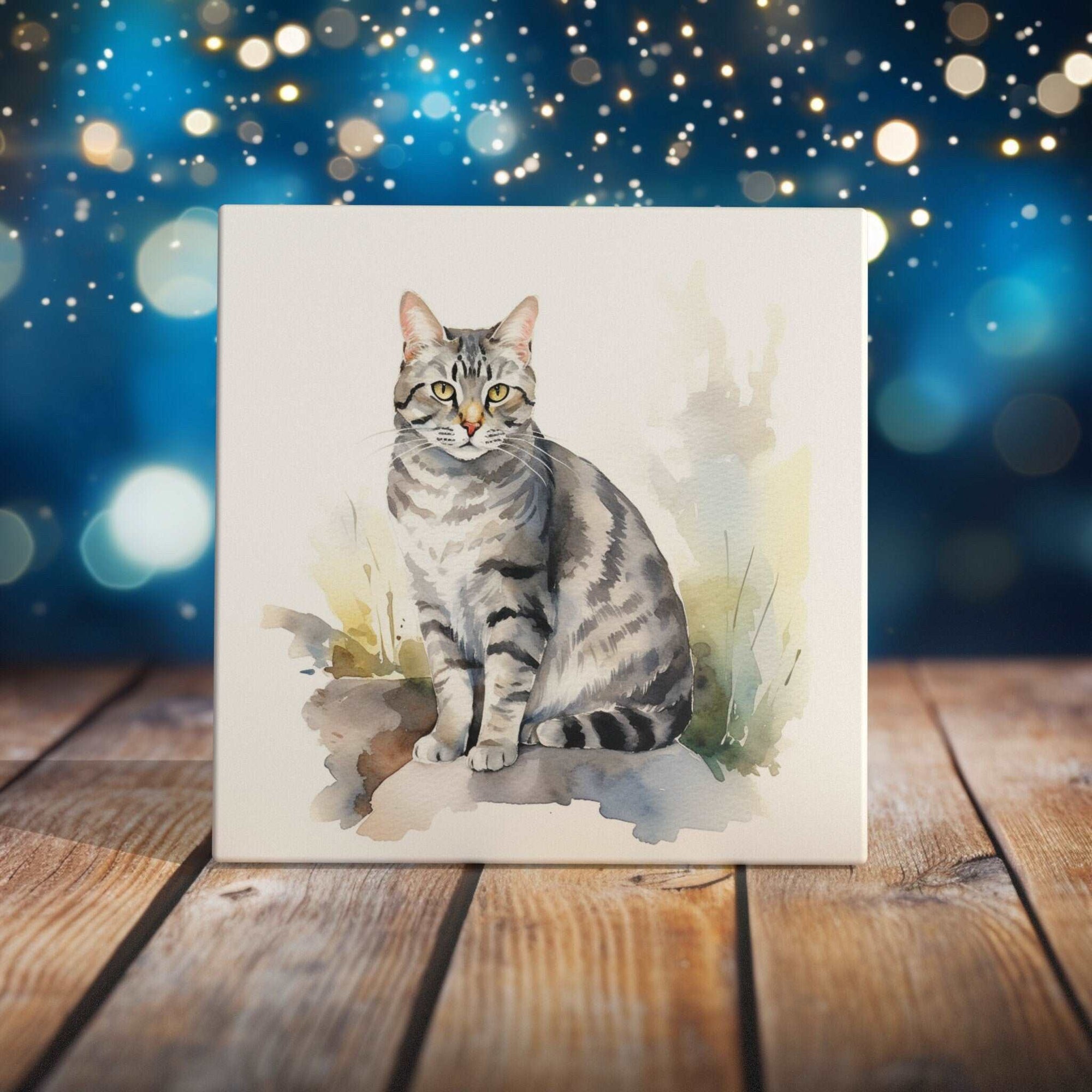 Peeping Tom's Cottage Custom Printed Tile Elegant Grey Tabby Cat Watercolor Art Tile - Handcrafted Decorative Wall Piece for Cat Aficionados