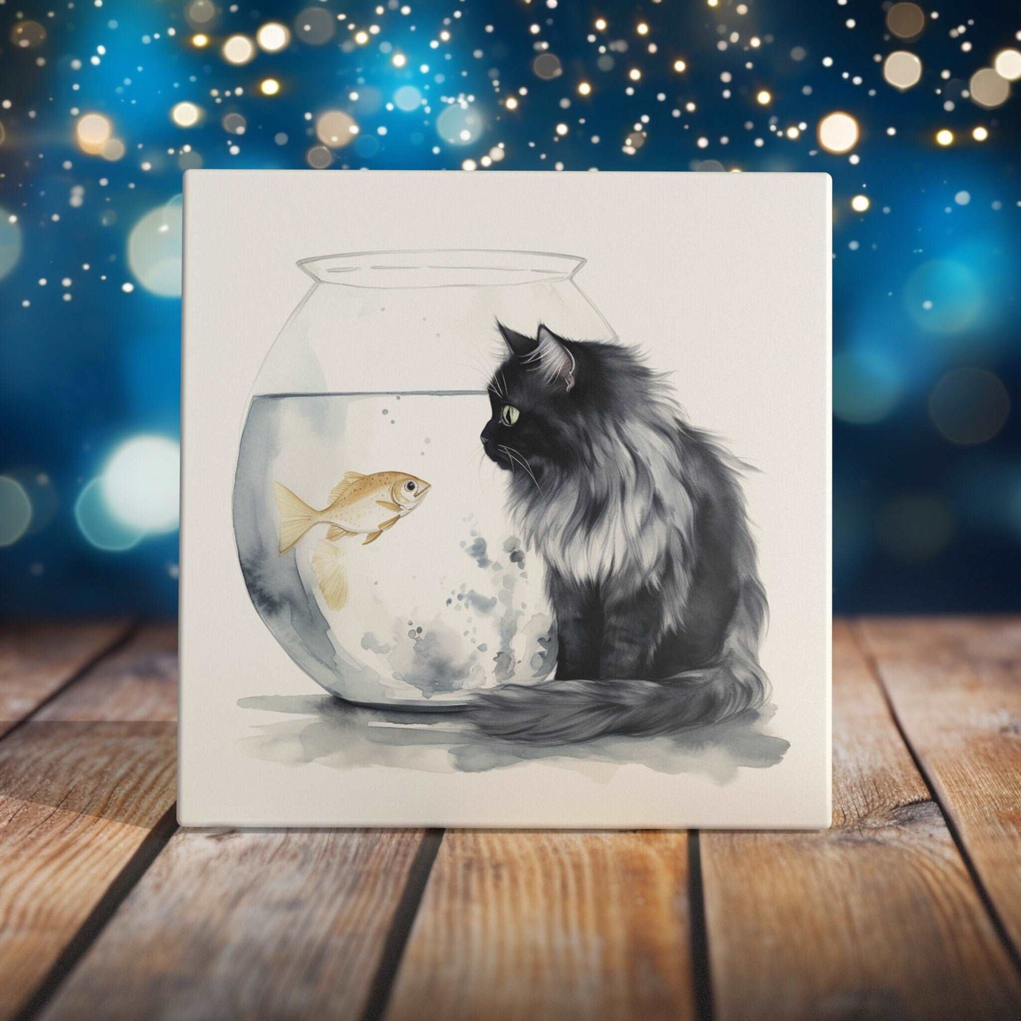Peeping Tom's Cottage Custom Printed Tile Enchanted Gaze: Majestic Black Cat and Goldfish Watercolor Art Ceramic Tile - Whimsical Home Decor
