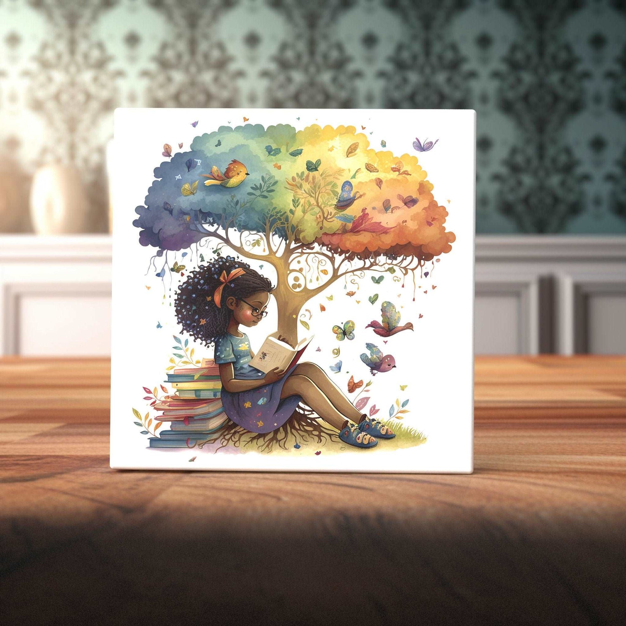 Peeping Tom's Cottage Custom Printed Tile Enchanted Reading Nook Art Tile - Vibrant Watercolor of Girl Reading Under a Rainbow Tree for Inspiring Home Decor