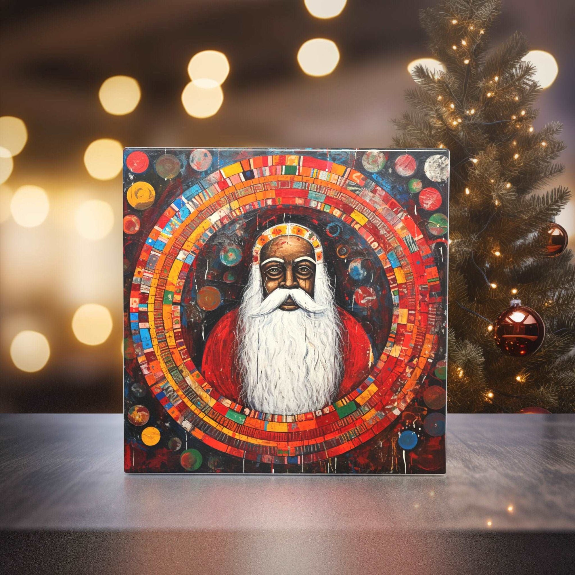 Peeping Tom's Cottage Custom Printed Tile Enigmatic Santa Portrait Art Tile - Handcrafted Kwanza-Inspired Home Decor