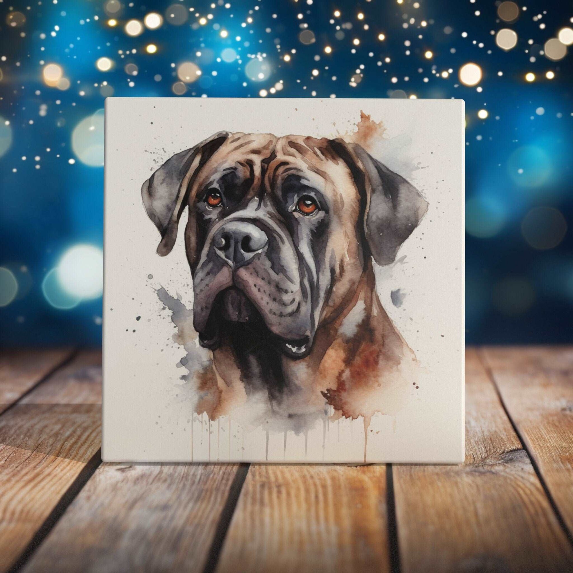 Peeping Tom's Cottage Custom Printed Tile Expressive Mastiff Watercolor Art Tile - Soulful Dog Portrait for Home and Office Decor