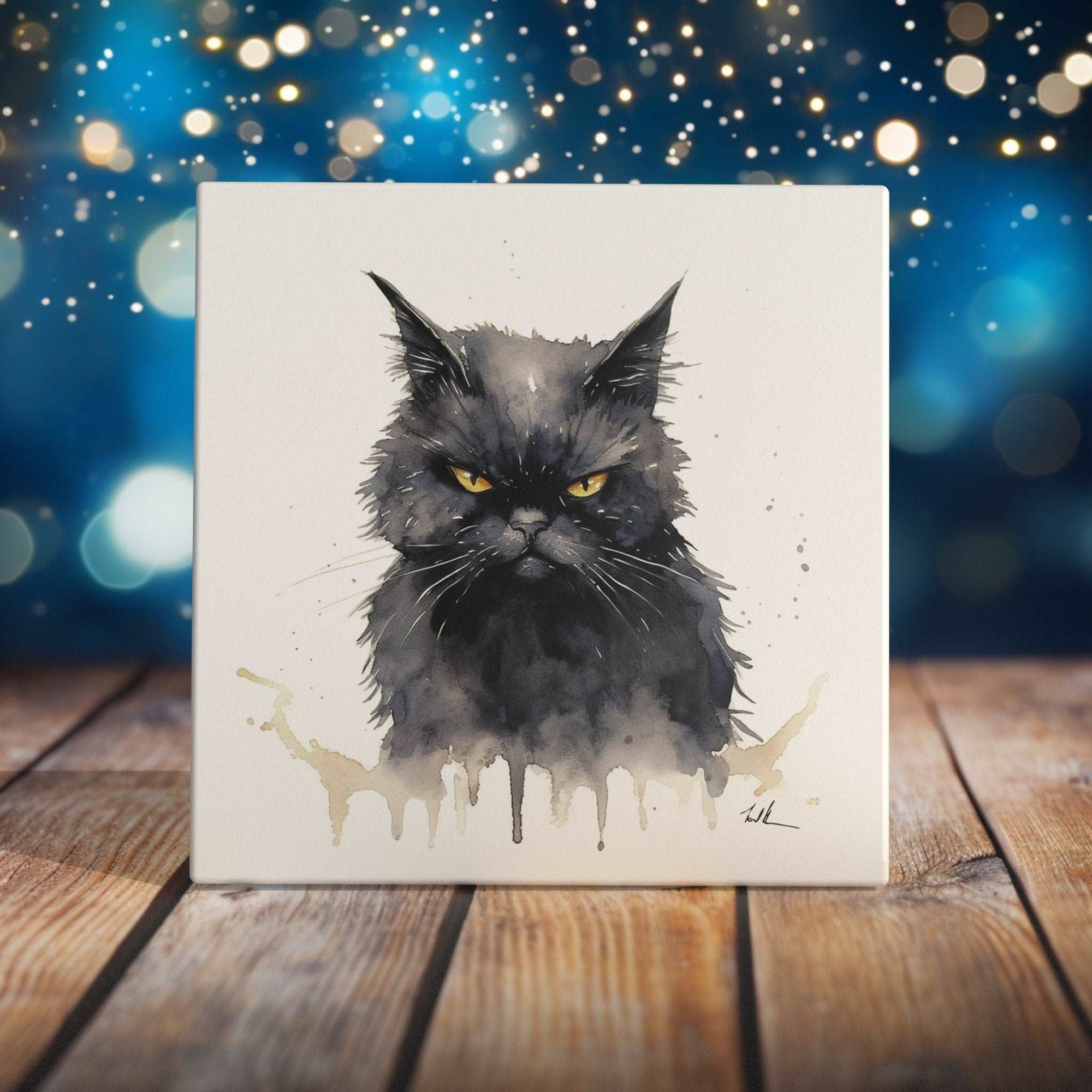 Peeping Tom's Cottage Custom Printed Tile Fierce Black Cat Watercolor Art Tile - Moody Feline Decor with Attitude for Home or Office
