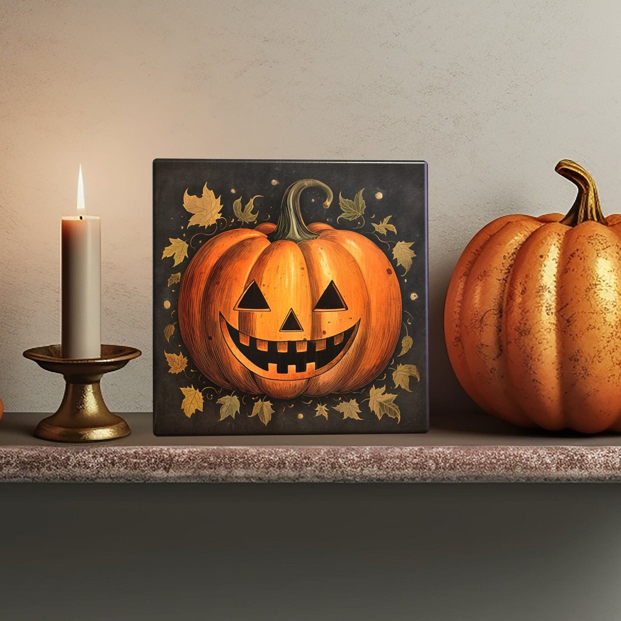 Peeping Tom's Cottage Custom Printed Tile Folk Art Jack-O-Lantern Ceramic Tile, Stained Glass-Like Art Heirloom home décor boho art ornate art
