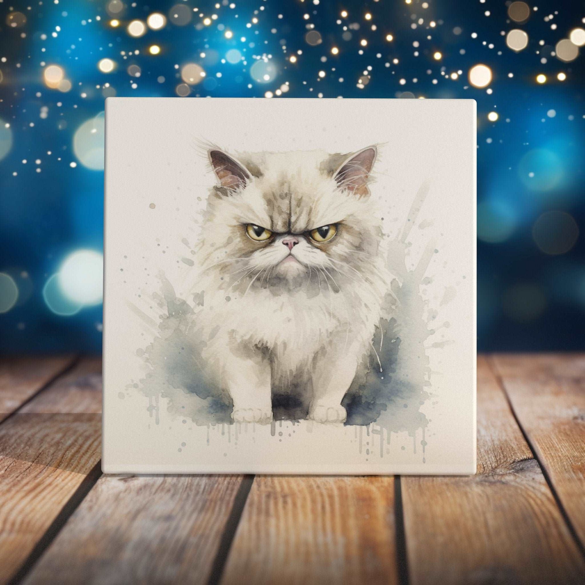 Peeping Tom's Cottage Custom Printed Tile Hand-Crafted Grumpy Persian Cat Art Tile - Watercolor Feline Wall Decor