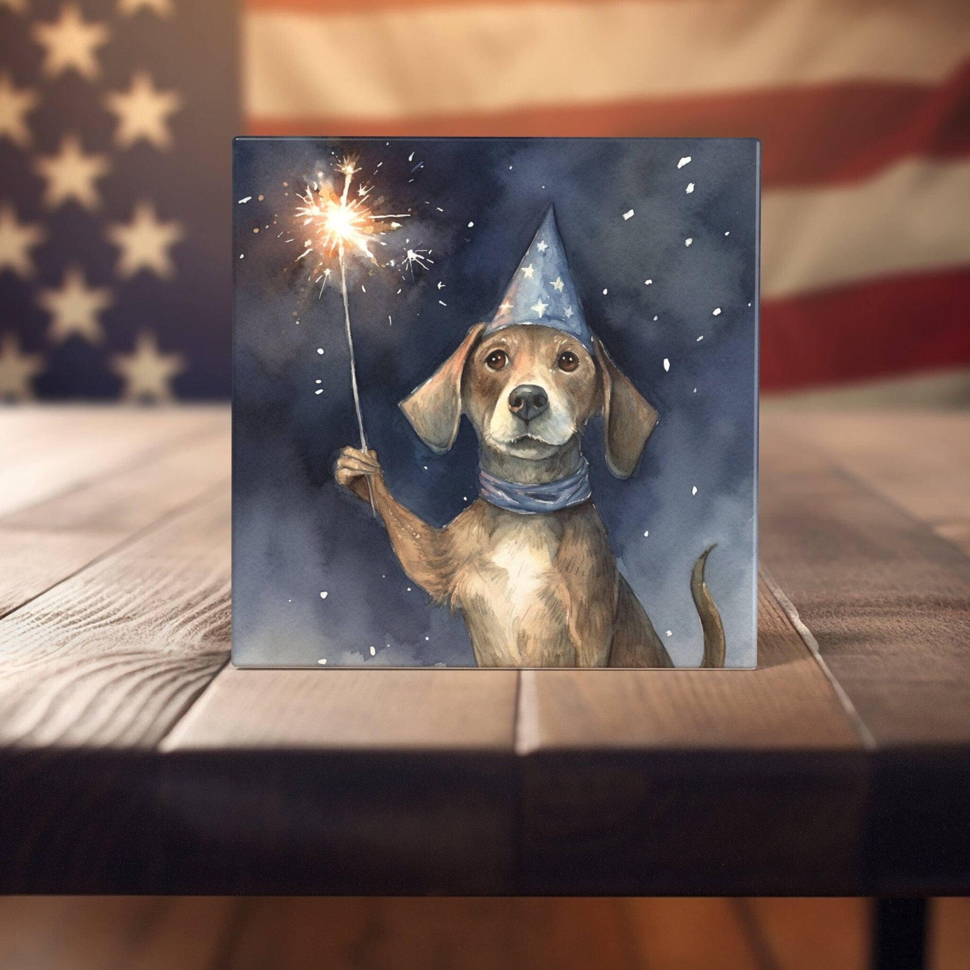 Peeping Tom's Cottage Custom Printed Tile Independence Day Celebrations - Festive Pup with Sparkler Art Tile for Home Decor