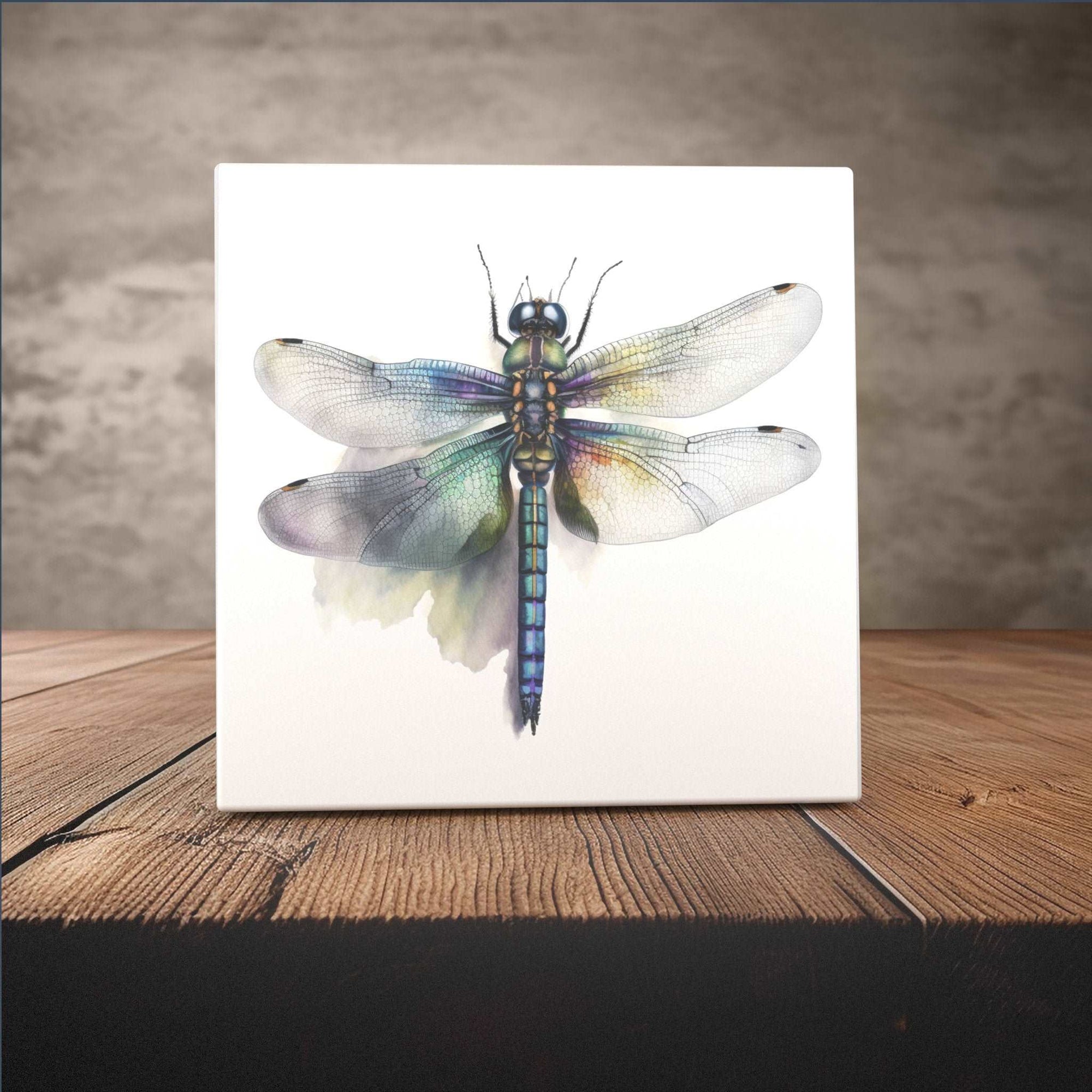 Peeping Tom's Cottage Custom Printed Tile Iridescent Dragonfly Watercolor Ceramic Tile - Luxurious Art