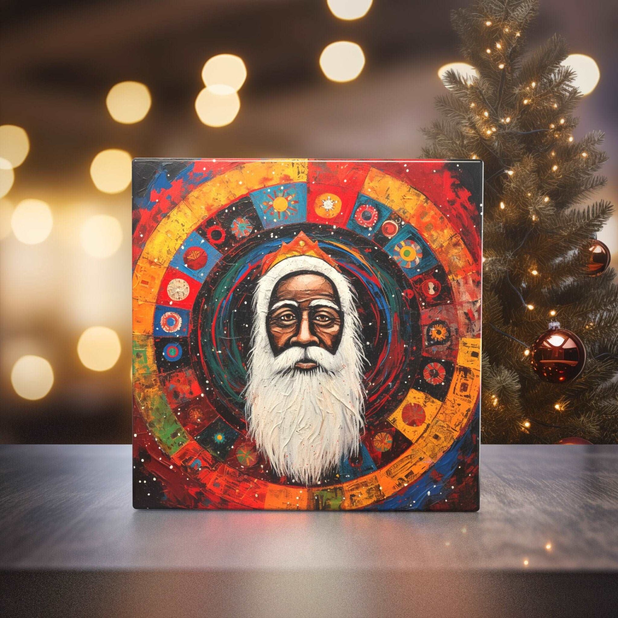 Peeping Tom's Cottage Custom Printed Tile Kwanzaa Celebration Santa Tile - Handcrafted Afrocentric Holiday Decorative Art Piece