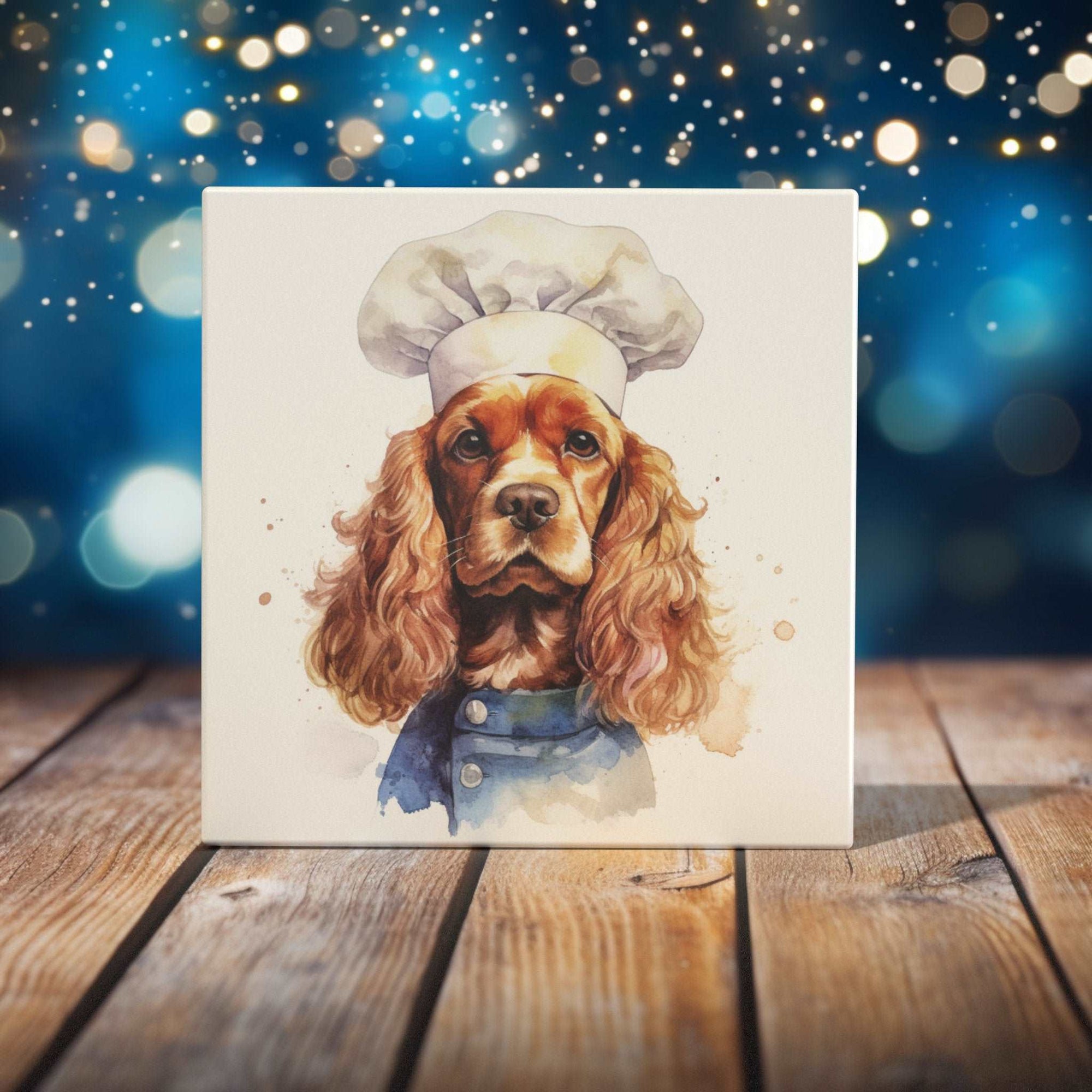 Peeping Tom's Cottage Custom Printed Tile Master Chef Cocker Spaniel Art Tile - Delightful Watercolor Dog in Chef's Hat for Culinary-Inspired Home Decor
