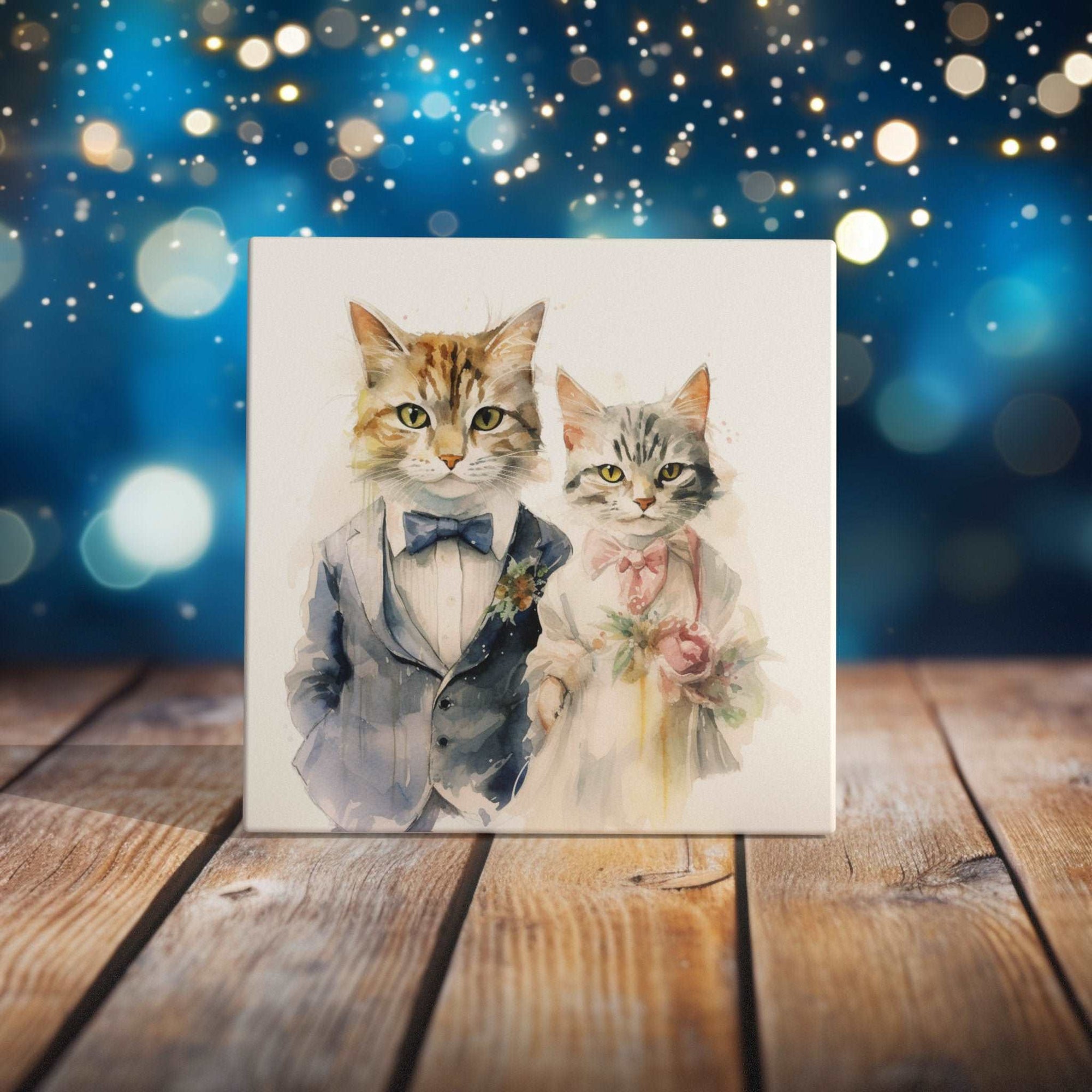 Peeping Tom's Cottage Custom Printed Tile Nuptial Whiskers Art Tile - Charming Watercolor Cat Couple in Wedding Attire for Romantic Home Decor