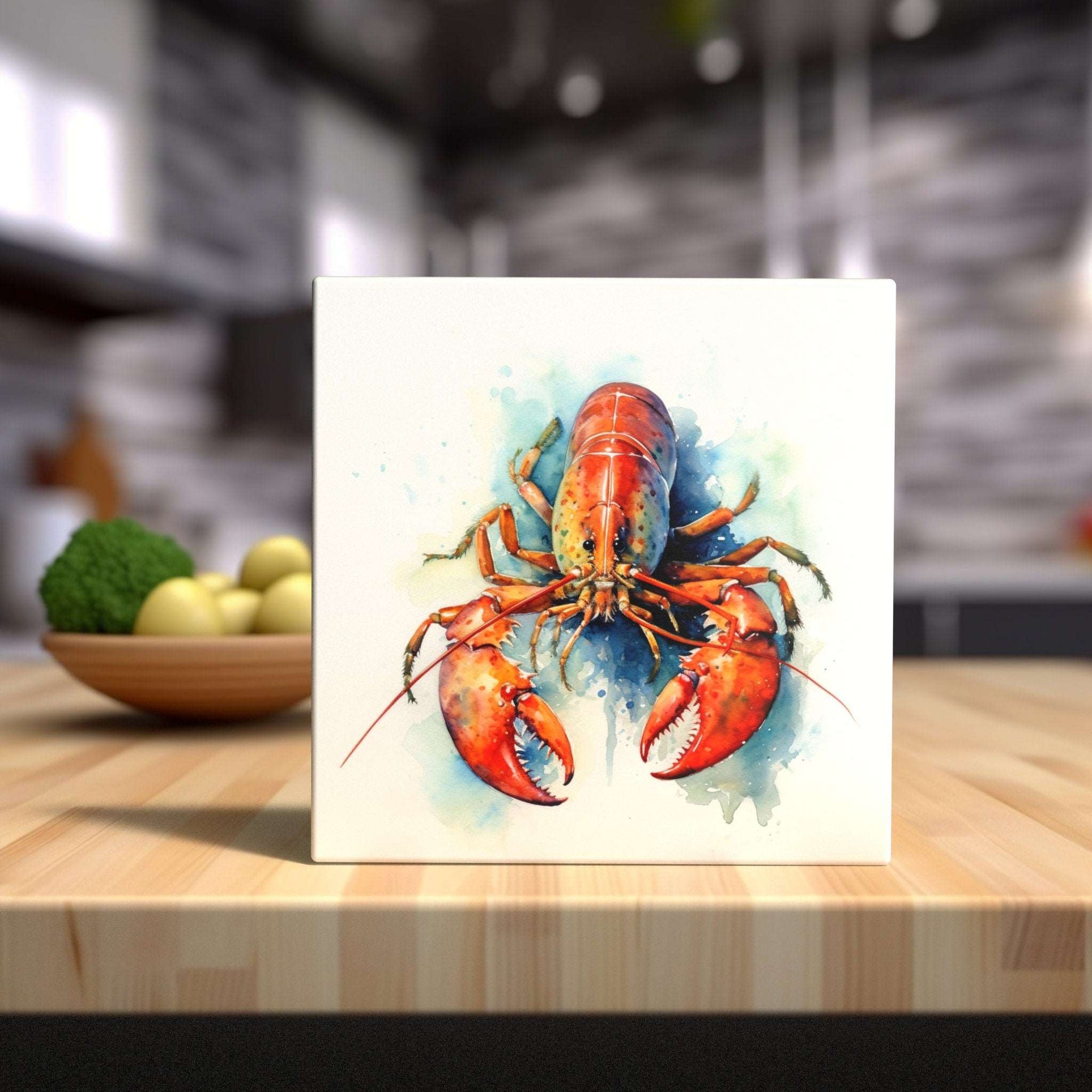 Peeping Tom's Cottage Custom Printed Tile Ocean's Bounty: Hand-Painted Watercolor Lobster Art Tile for Sea-Inspired Home Decor