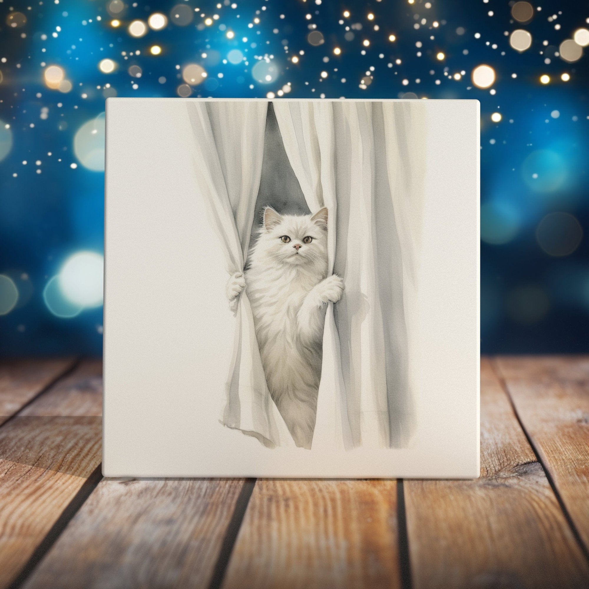 Peeping Tom's Cottage Custom Printed Tile Peekaboo Persian Cat Art Tile - Charming Watercolor Cat Behind Curtains for Tranquil Home Decor