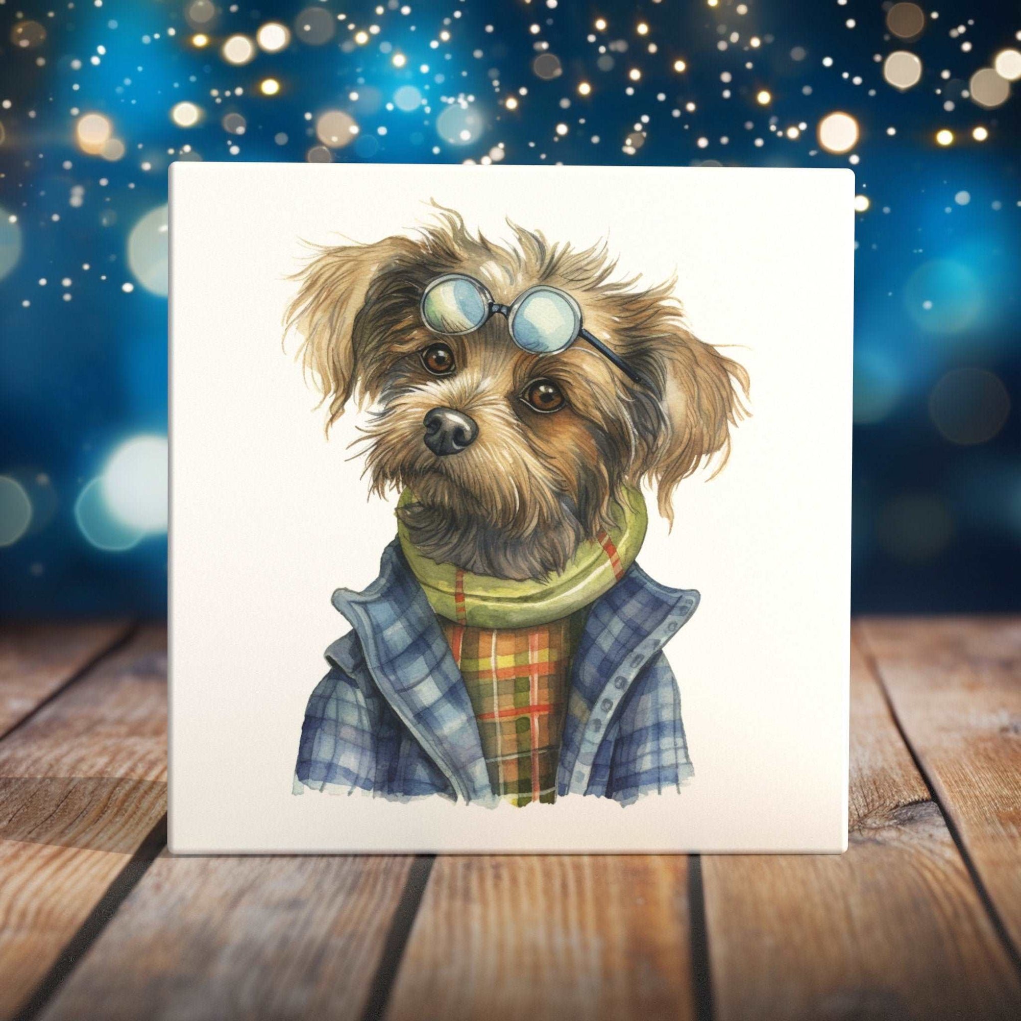 Peeping Tom's Cottage Custom Printed Tile Scholarly Pup: Hand-Painted Watercolor Dog with Glasses Art Tile for Whimsical Home Decor