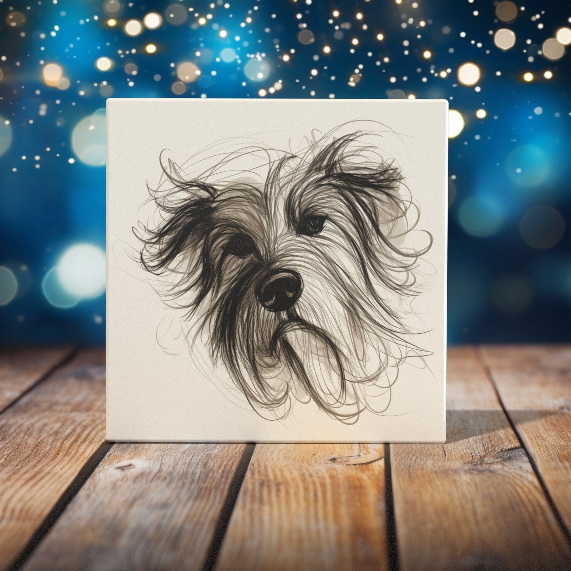 Peeping Tom's Cottage Custom Printed Tile Scribble Art Shaggy Dog Portrait Tile - Contemporary Line Art Home Decor Piece