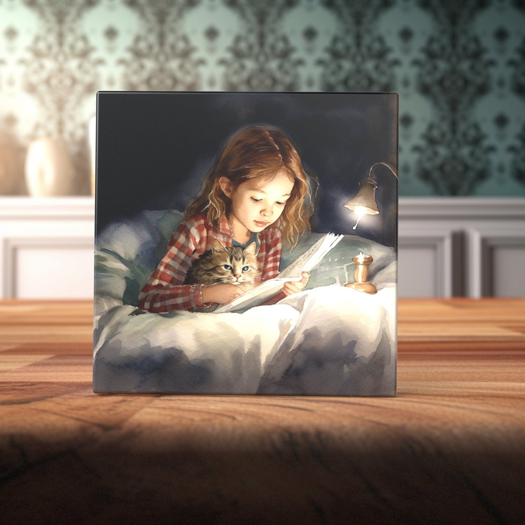 Peeping Tom's Cottage Custom Printed Tile Serene Bedtime Stories Art Tile - Young Girl Reading with Kitten for Peaceful Home Decor