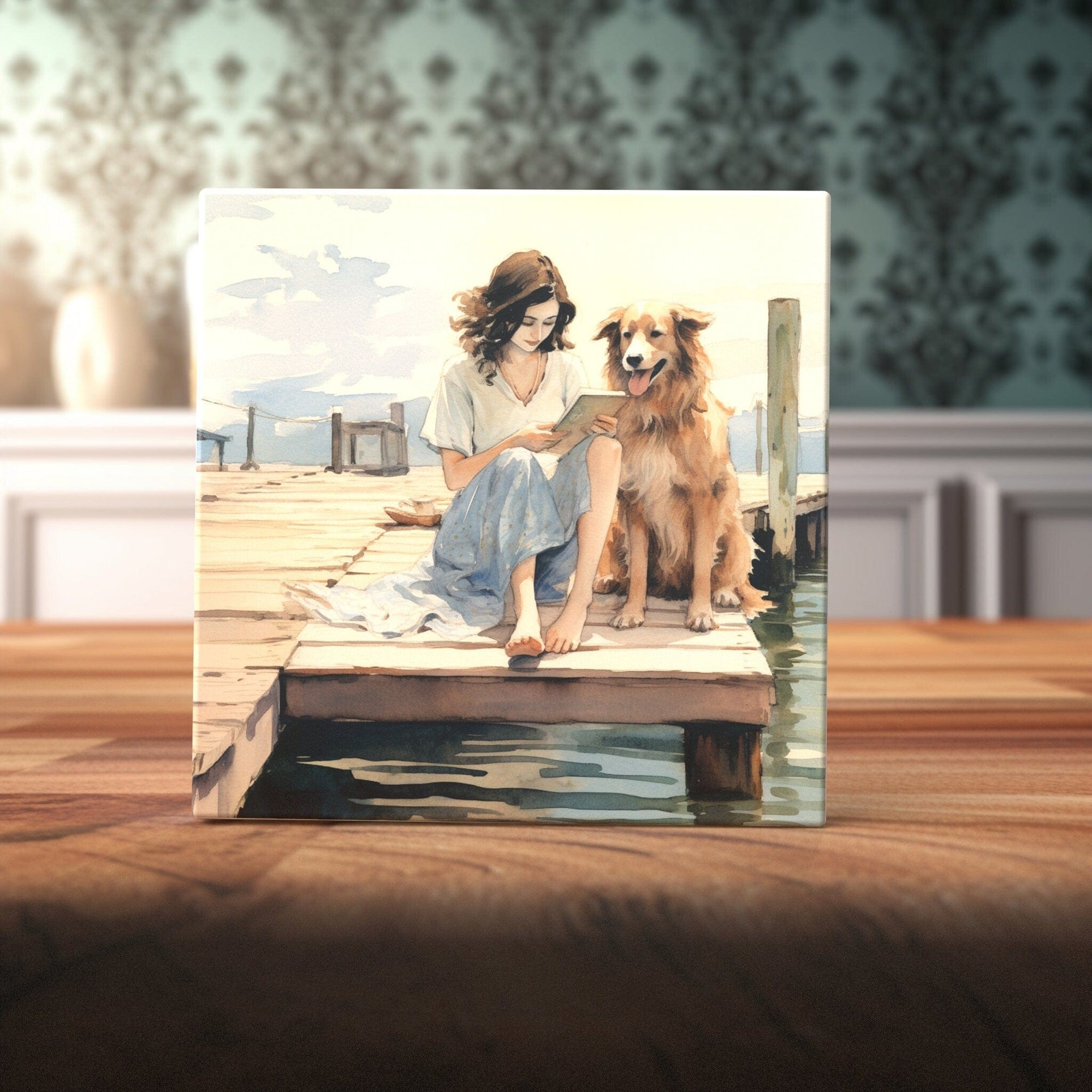 Peeping Tom's Cottage Custom Printed Tile Serene Lakeside Retreat: Hand-Painted Art Tile of Woman Reading with Dog for Peaceful Home Decor