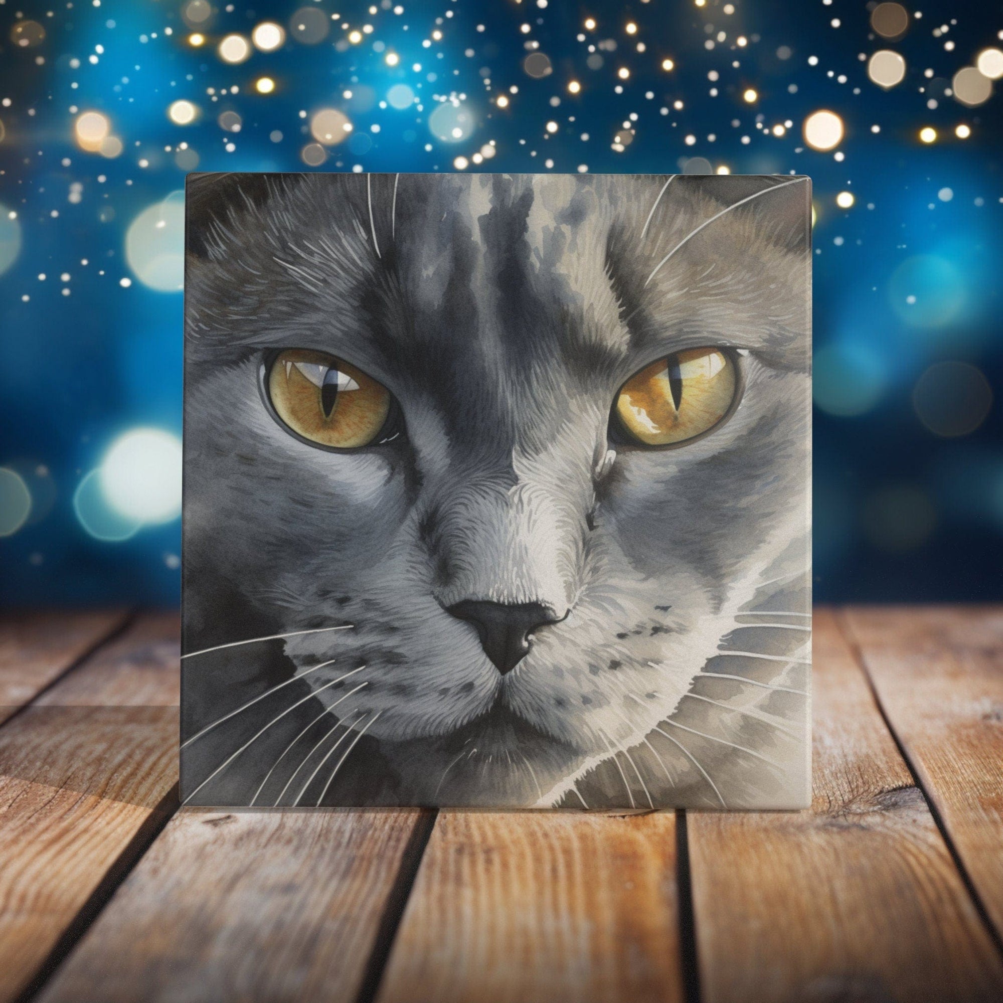 Peeping Tom's Cottage Custom Printed Tile Striking Charcoal Gray Cat Art Tile - Captivating Feline Gaze Decor for Pet Enthusiasts