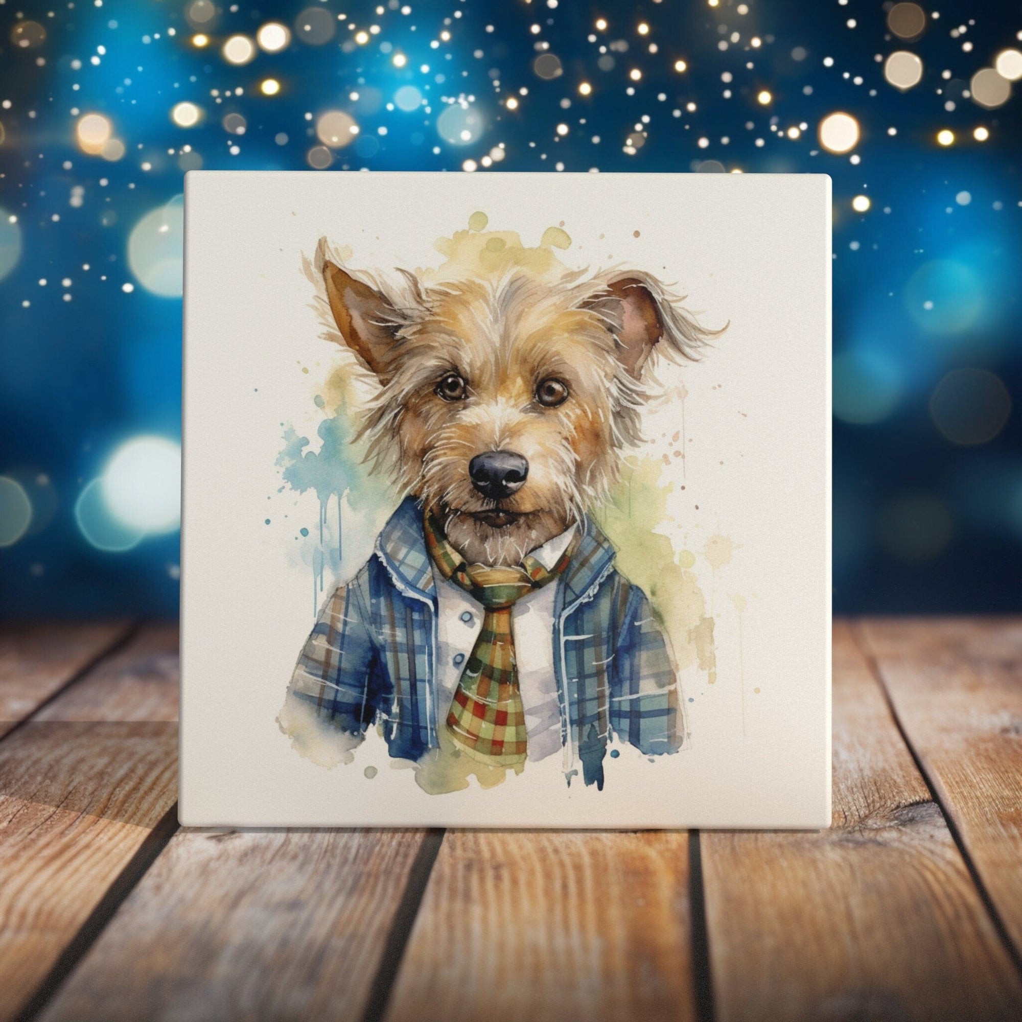 Peeping Tom's Cottage Custom Printed Tile Stylish Terrier in Plaid Watercolor Art Tile - Sophisticated Dog Portrait for Chic Home Decor