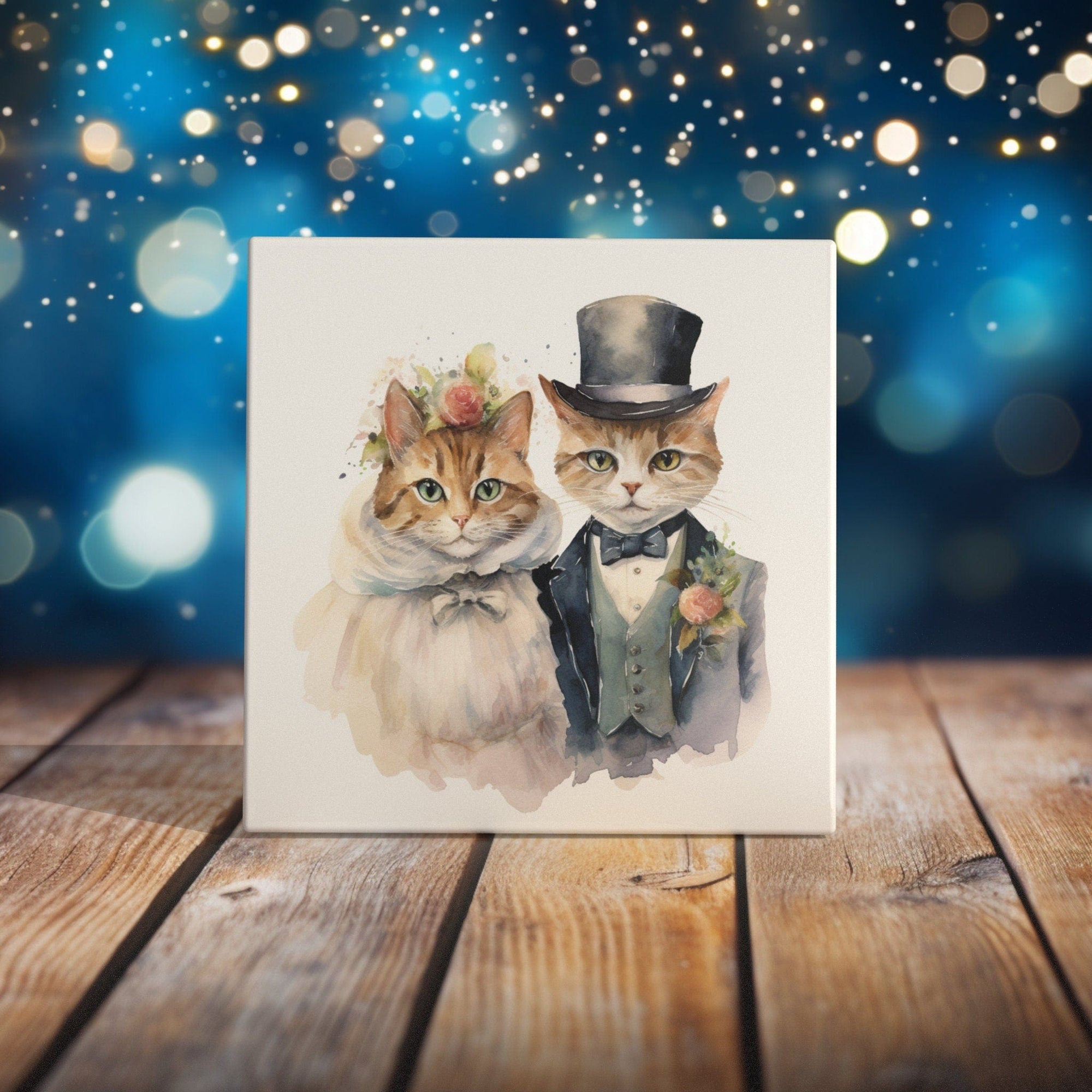 Peeping Tom's Cottage Custom Printed Tile Whimsical Wedding Cats Art Tile - Charming Bridal Pair Ceramic Decor