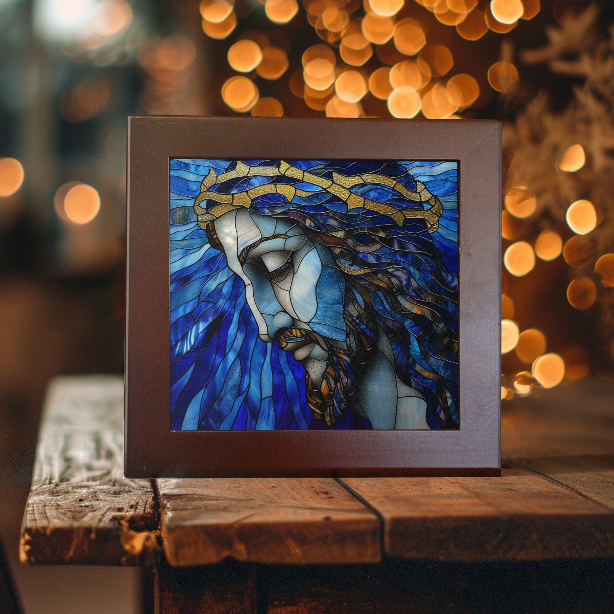 Peeping Tom's Cottage Jesus -Divine Sorrow Stained Glass-Like Ceramic Tile - Eloquent Expression of Faith