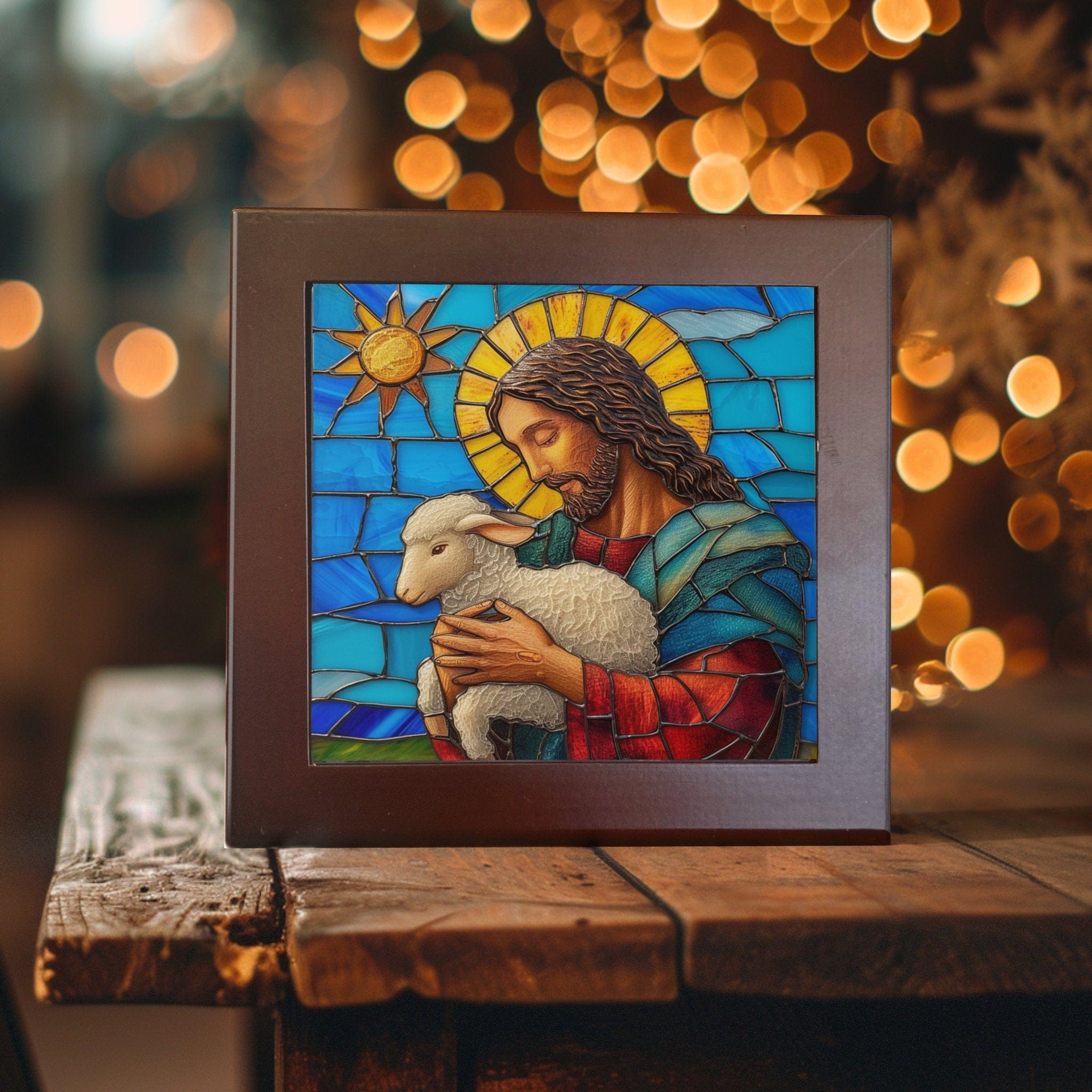 Peeping Tom's Cottage Jesus - Embrace of Peace Stained Glass-Like Ceramic Tile - Serene Pastoral Art for Home