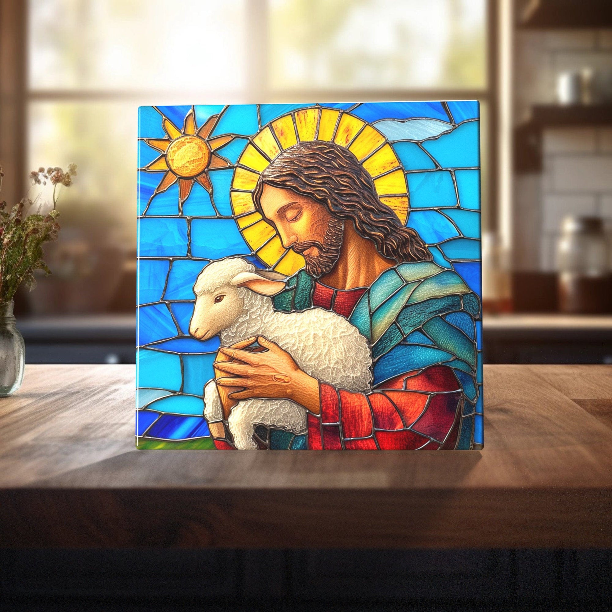 Peeping Tom's Cottage Jesus - Embrace of Peace Stained Glass-Like Ceramic Tile - Serene Pastoral Art for Home