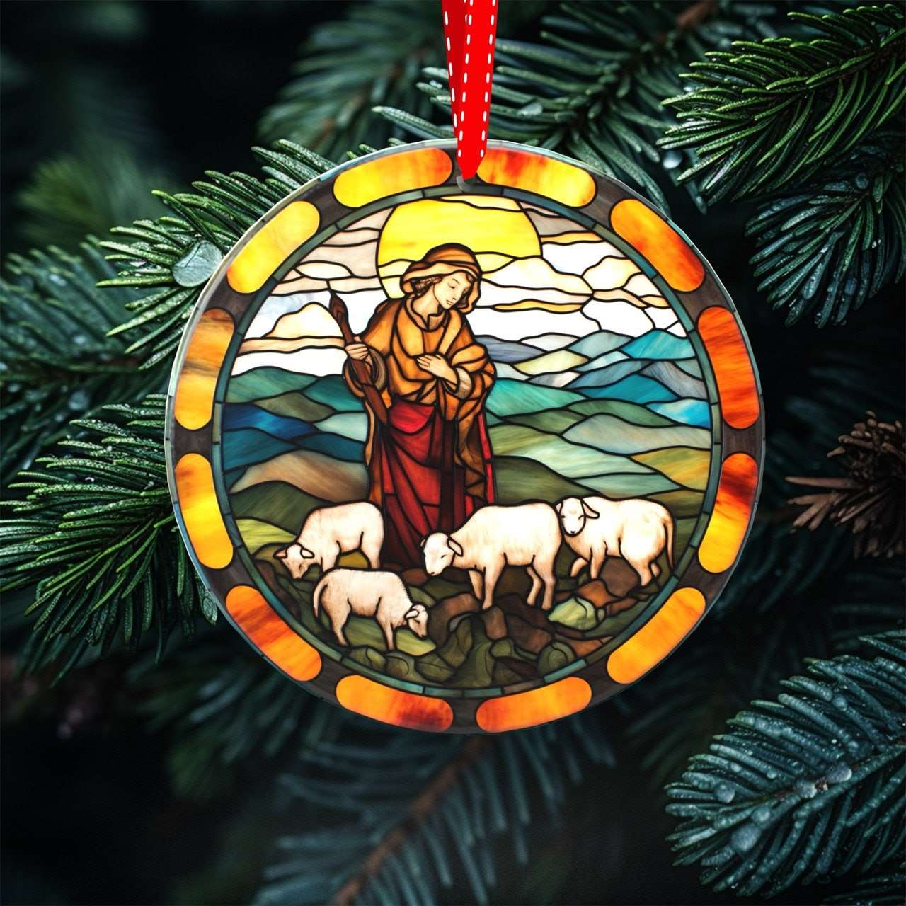 Peeping Tom's Cottage ornament Heavenly Glow - Set of 7 Stained Glass Nativity Scene Ornaments for Christmas Tree Decor