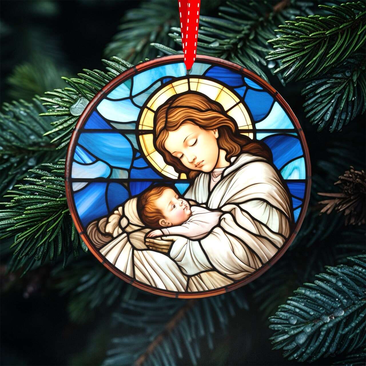 Peeping Tom's Cottage ornament Heavenly Glow - Set of 7 Stained Glass Nativity Scene Ornaments for Christmas Tree Decor