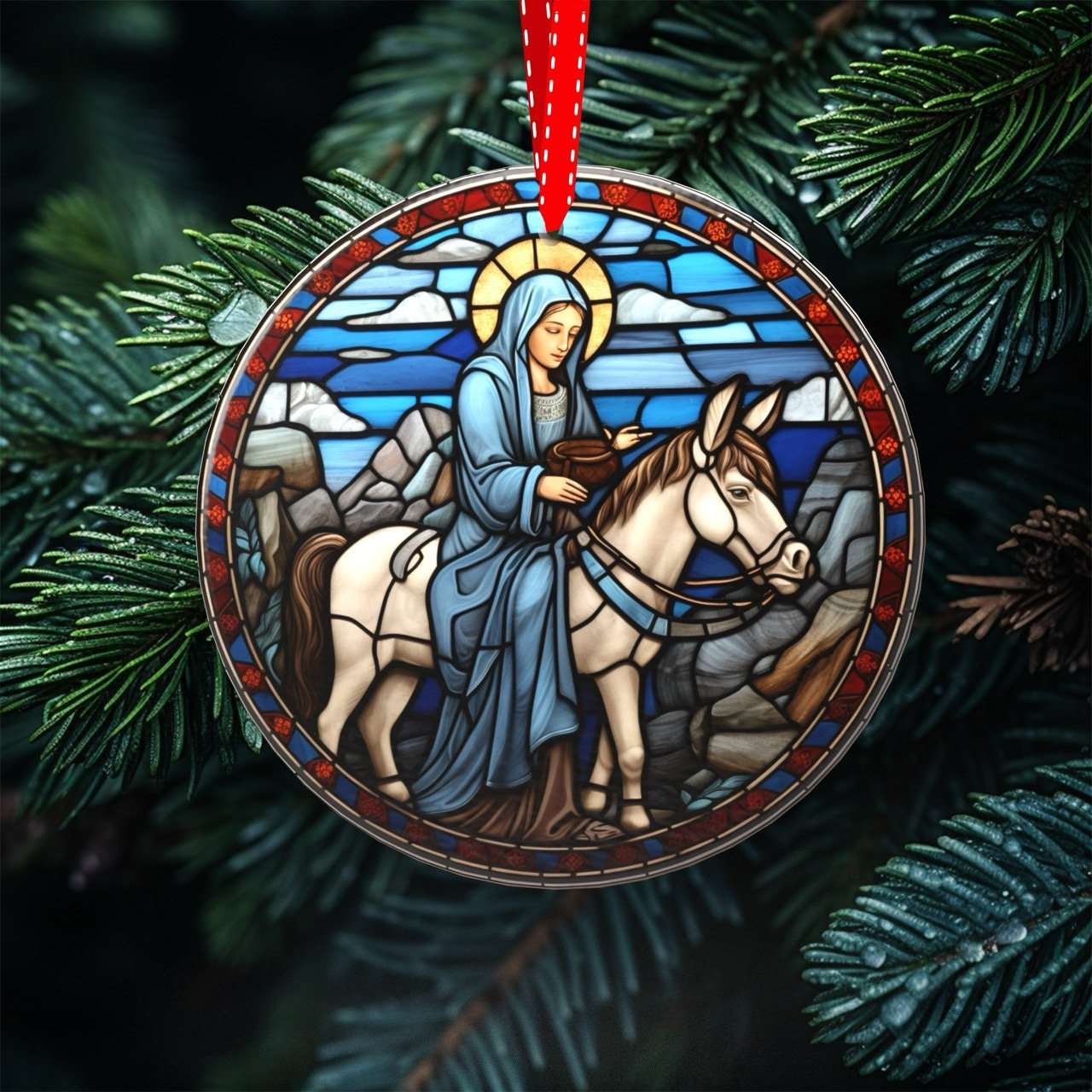 Peeping Tom's Cottage ornament Heavenly Glow - Set of 7 Stained Glass Nativity Scene Ornaments for Christmas Tree Decor