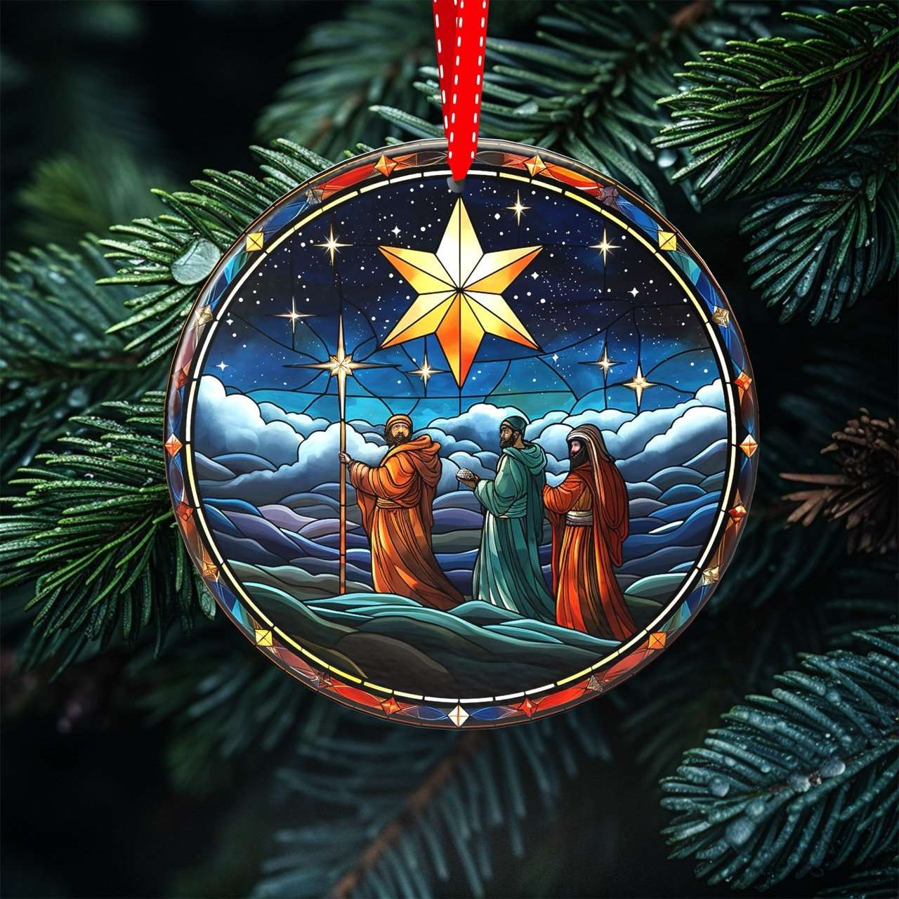 Peeping Tom's Cottage ornament Heavenly Glow - Set of 7 Stained Glass Nativity Scene Ornaments for Christmas Tree Decor