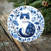 Blue Floral Burst Cat – Double-Sided Porcelain Ornament