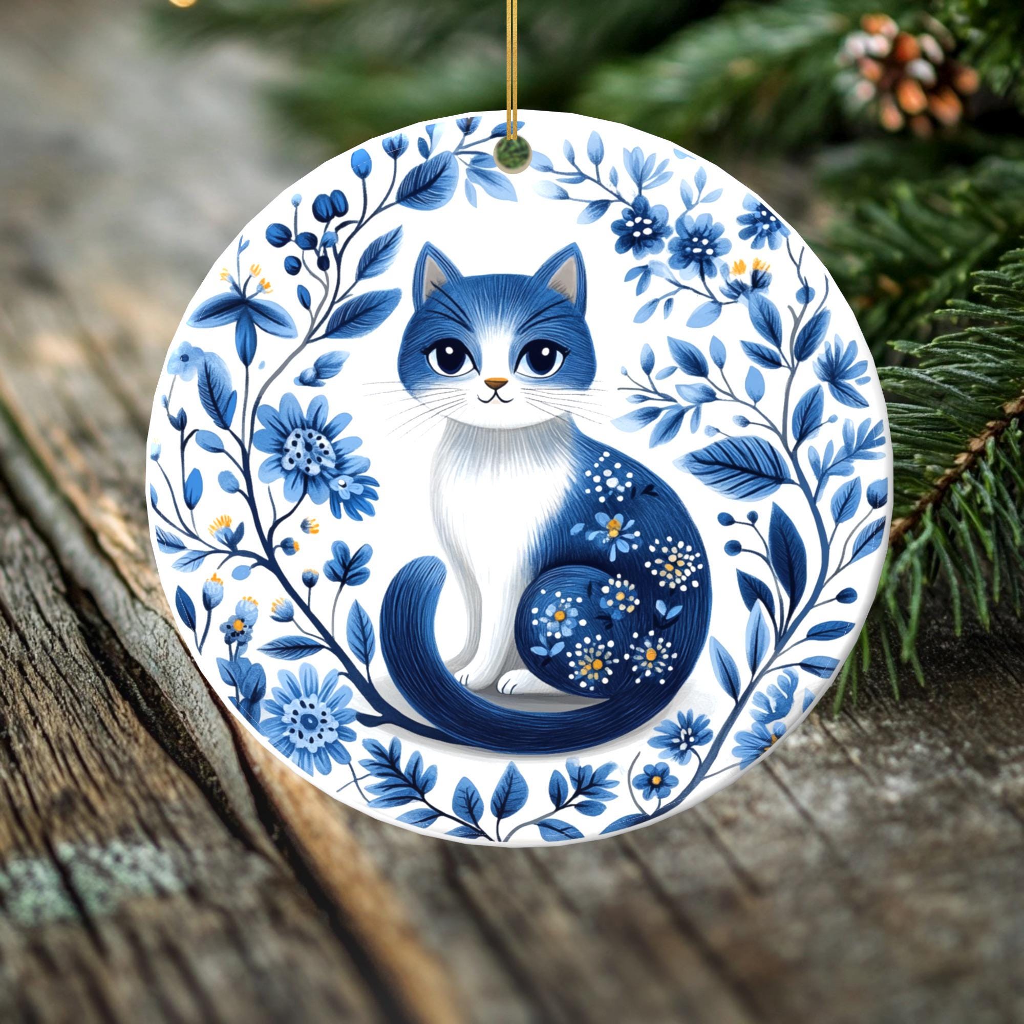 Blue Floral Burst Cat – Double-Sided Porcelain Ornament