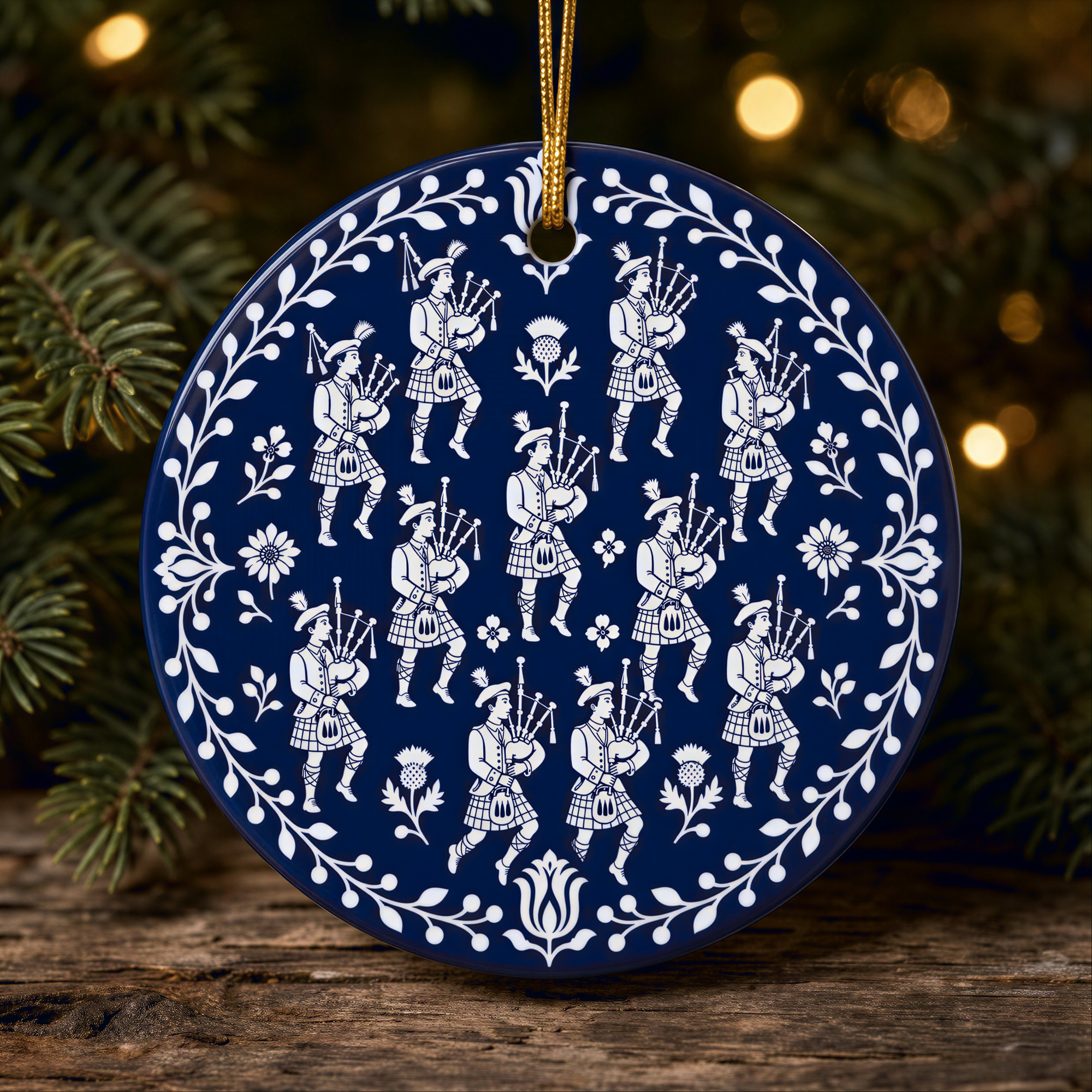A blue ornament with a white floral pattern and white figures of people playing musical instruments, such as bagpipes, is hanging on a tree branch.