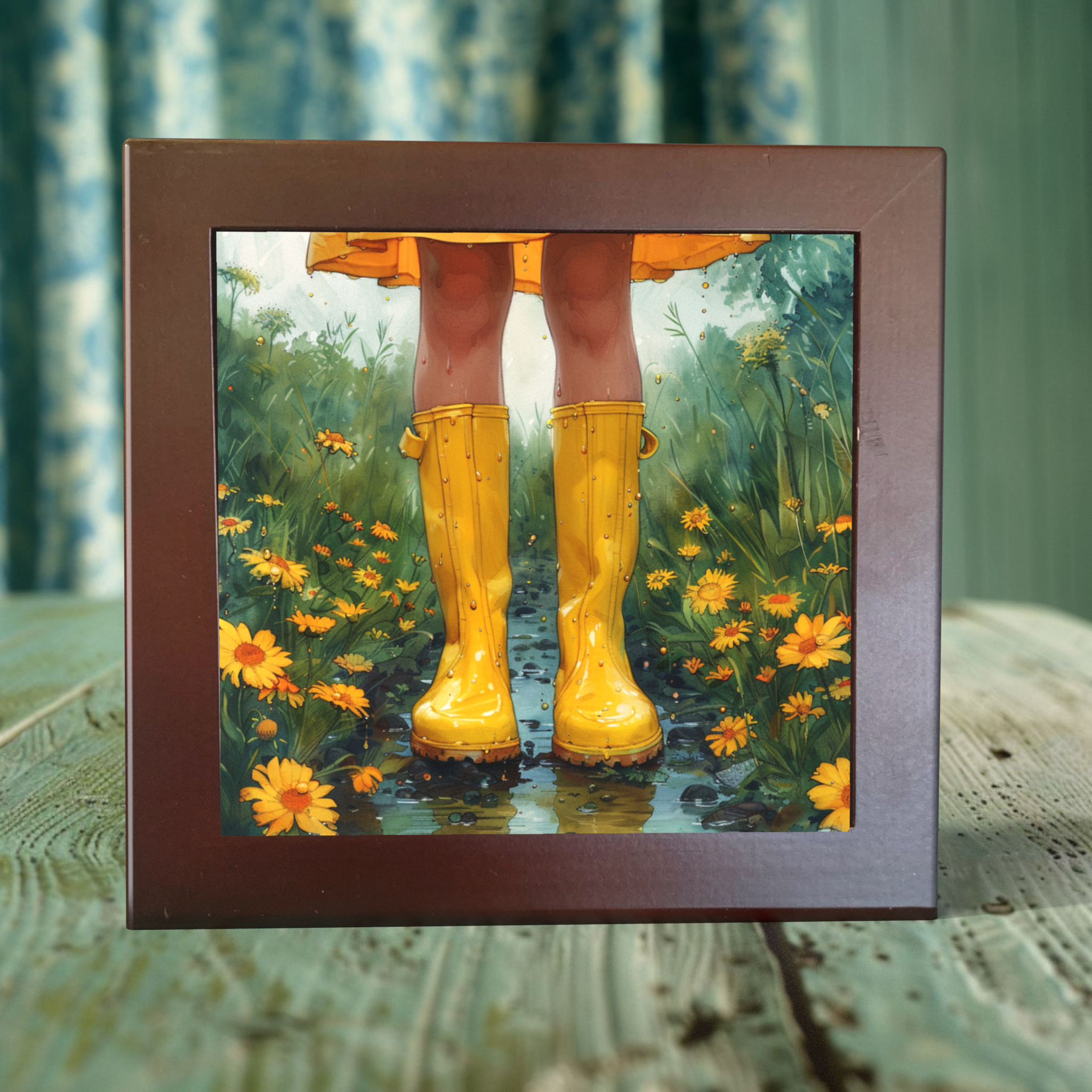 Yellow Rain Boots in Blooming Garden - Porcelain Tile Art