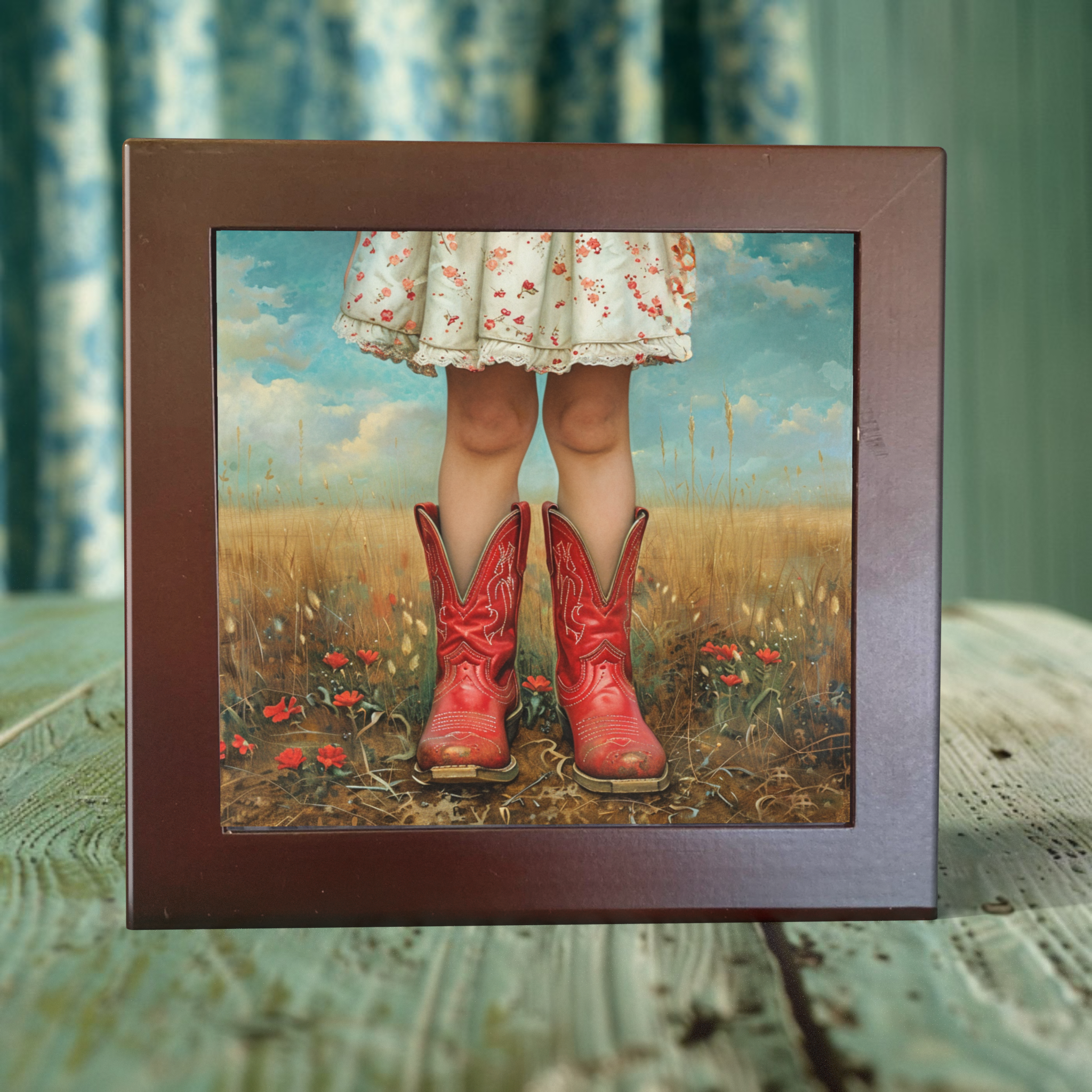 Red Boots in Rustic Field - Porcelain Tile Art